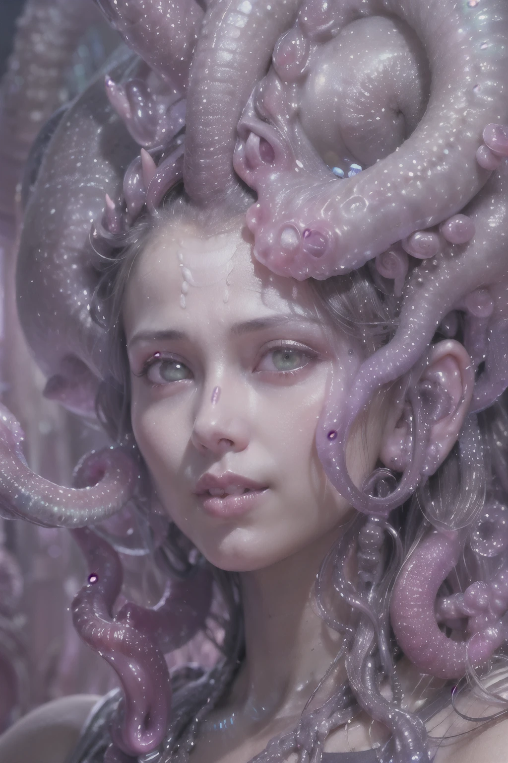 (A portrait of one beautiful and obscene female alien who is a young teenager:1.4), ((There is a female genital-like organ in the middle of her forehead:1.8)), (realistic face:1.2), (Numerous award-winning masterpieces, with incredible detail, textures and maximum detail), artistic photography, midnight aura, unreal engine 5, Ultra Sharp Focus, art by Amano Yoshitaka, ArtGerm, Roisch, intricate artwork, ultra realistic realism, high resolution, High freshness, drawing faithfully, official art, Unity 8K Wall paper, ultra detailed artistic photography, dream-like, Creation of fantasy, dream Snail, (biopunk nautilus:1.3),Thrilling color schemes, seductively smiling, Amazing mutation, well-proportioned body, goddess of the deep sea, fractal, Geometric pattern, impossible figures, (translucent white tentacles with luminescent organs:1.4), subtle emerald green accents, (smiling seductively:1.3),(She has the most beautiful face in the history of the universe:1.5), Penelope Cruz, (she is looking down at viewers with glowing iridescent eyes with no pupils:1.3), an evil gaze that seduces, cinematic lighting, (Vampire-like long canine teeth can be glimpsed through the gap between the cute lips:1.3), in the hall of the palace, Sweet breath is exhaling from beautiful lips, ecstatic expression, (Climax expression during intercourse:1.5)