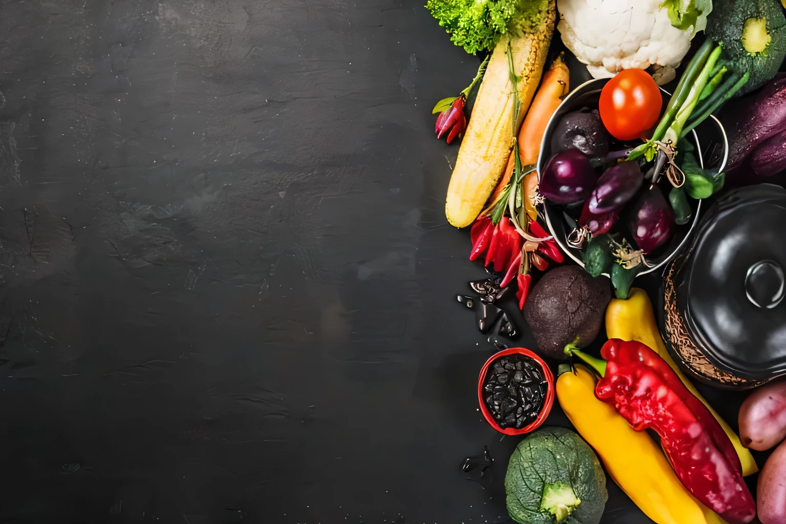 a close up of a variety of vegetables and fruits on a black surface, on a dark background, vegetables on table and candle, background image, interesting background, high quality food photography, veggies, with a black dark background, food commercial 4 k, food particles, food styling, vegetables, high quality image, ingredients on the table, trending photo, on black background