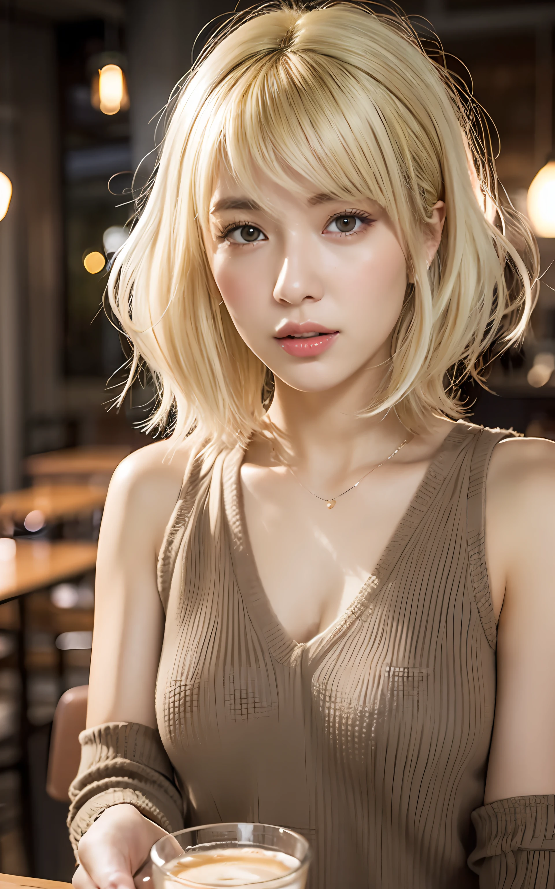 Highly detailed CG Unity 8k wallpaper, top quality, super detailed, masterpiece, realistic, photo realistic, very detailed cute girl, 25 years old, ((blonde hair:1.4)), ((dyed blonde)), (gyaru), round eyes, viewer, blush, parted lips, half body shot ,
sleeveless sweater, cafe, short hair