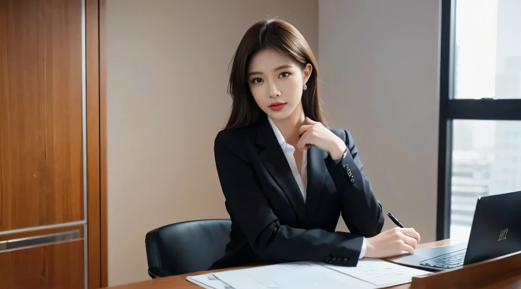 theme: Real and professional photos,Well-dressed businesswoman showing in office environment. 图像theme: Photographic art style: realism, Professional photography camera: High quality DSLR camera,Shoot with outstanding resolution: Well composed shot of businesswoman in office environment、natural shots, Demonstrate professionalism and confidence. Rendering-related information: with truth、Present photos in a professional way, Capture your subject’s clothing, balance, and modern office atmosphere. Camera shooting type: Professional office photography lens: Standard lens lighting: Studio or office lighting, Highlight your subject’s appearance,Create an elegant and formal atmosphere.