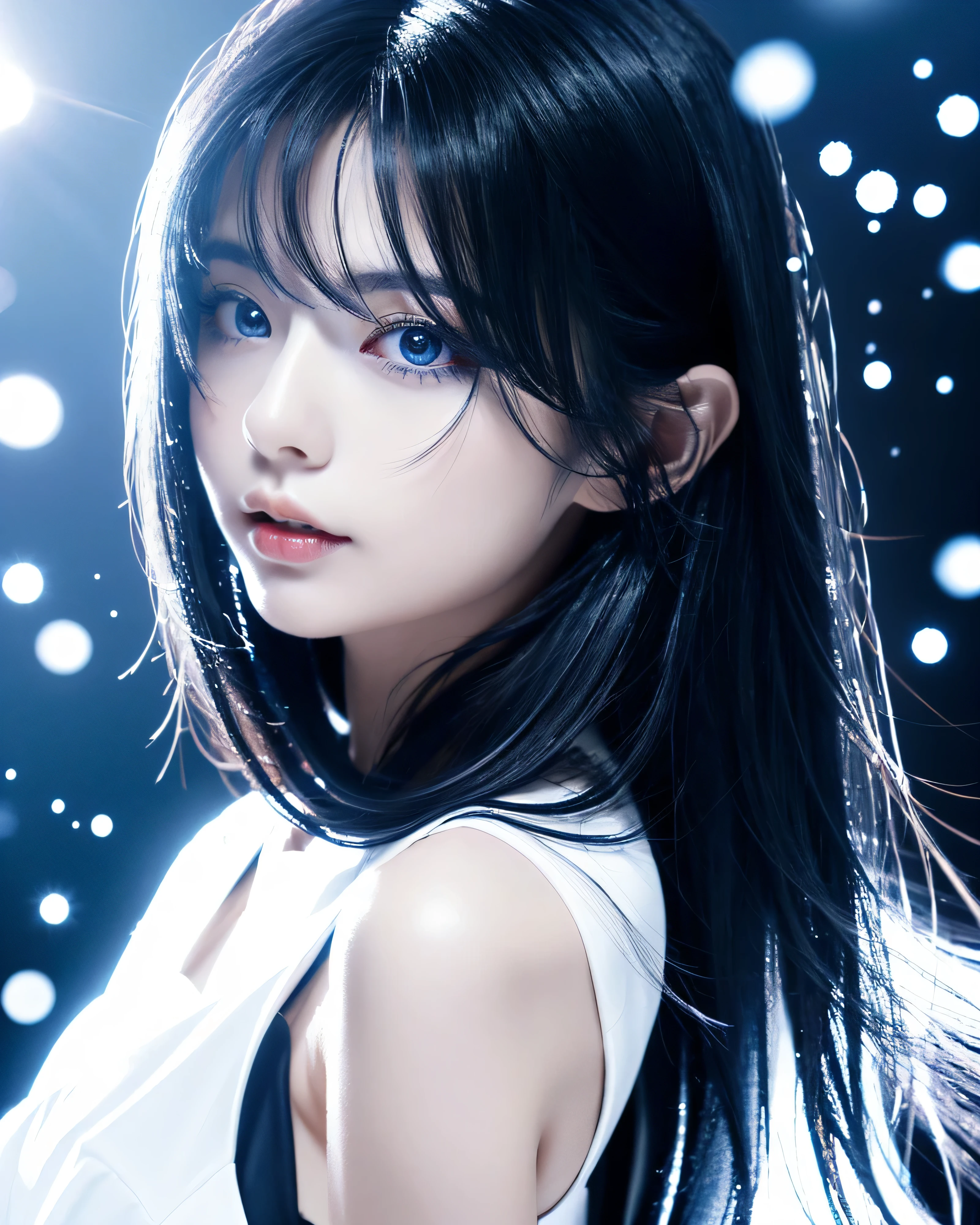 beautiful japanese woman (whole body:1.2) シンプルなwhiteのドレス complex colored black hair Super long hair with messy details big magic eyes dark blue moist eyes ice witch ice effect white, smooth skin cold look natural makeup fog particles of light light wallpaper high contrast colorful