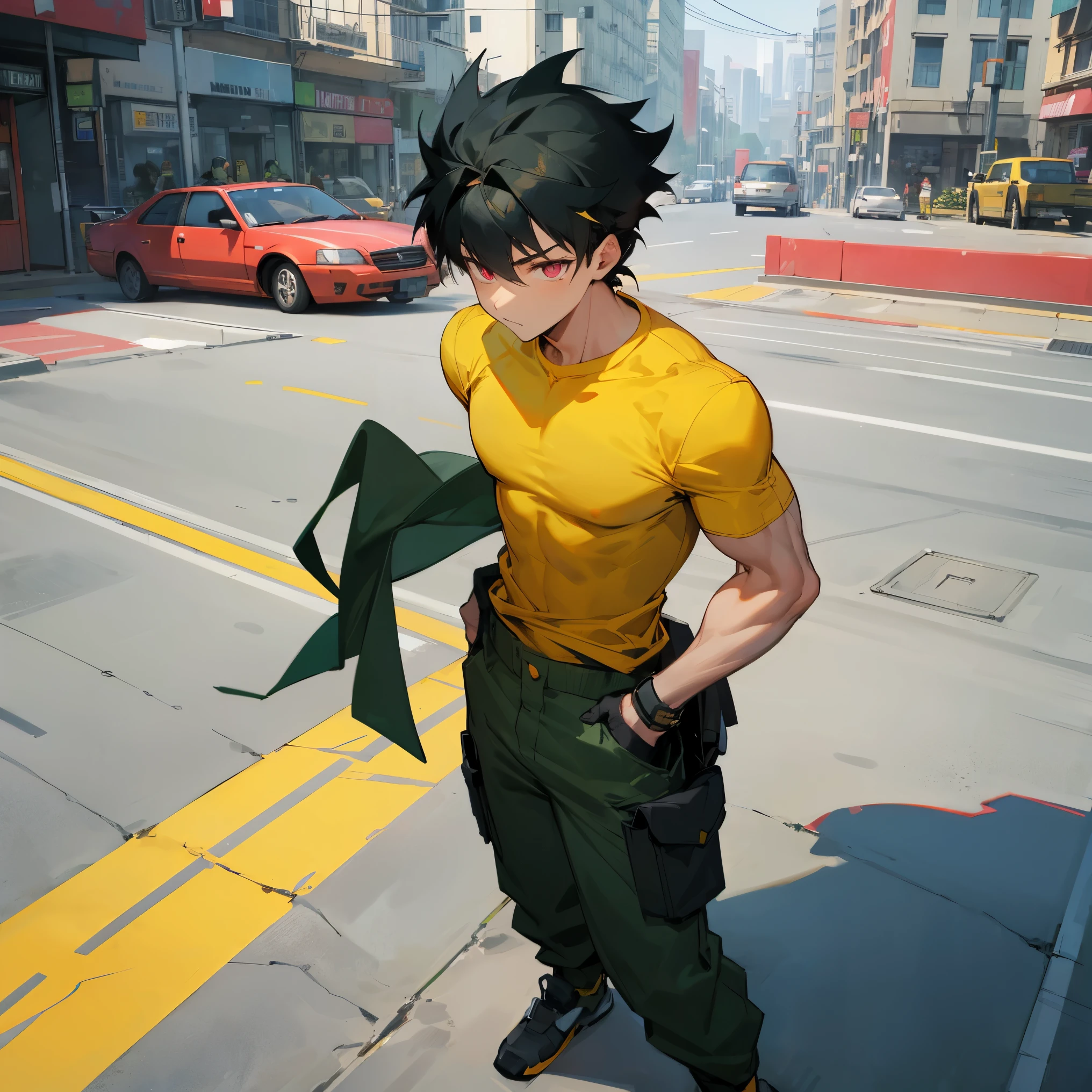 Muscular , Yellow T-Shirt , Green Cargo Army Pants , Ski Goggles on Head , Standing on sidewalk , Modern City Background , Black Hair , Gon Hair , Pink Eyes , 1male