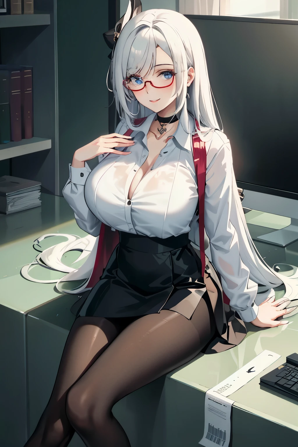 ((masterpiece)), ((best quality)), 1girl, long bangs, black choker, black skirt, blush, choker, cleavage, collarbone, collared shirt, glasses, huge breasts, very long hair, long sleeves, looking at viewer, (office lady,bangs, White hair), implacable \(azur lane\), teacher, mature female, parted lips, blue eyes, round eyewear, see-through, smile, solo, sweat, white shirt, sitting, clossed legs, panties, pantyhose