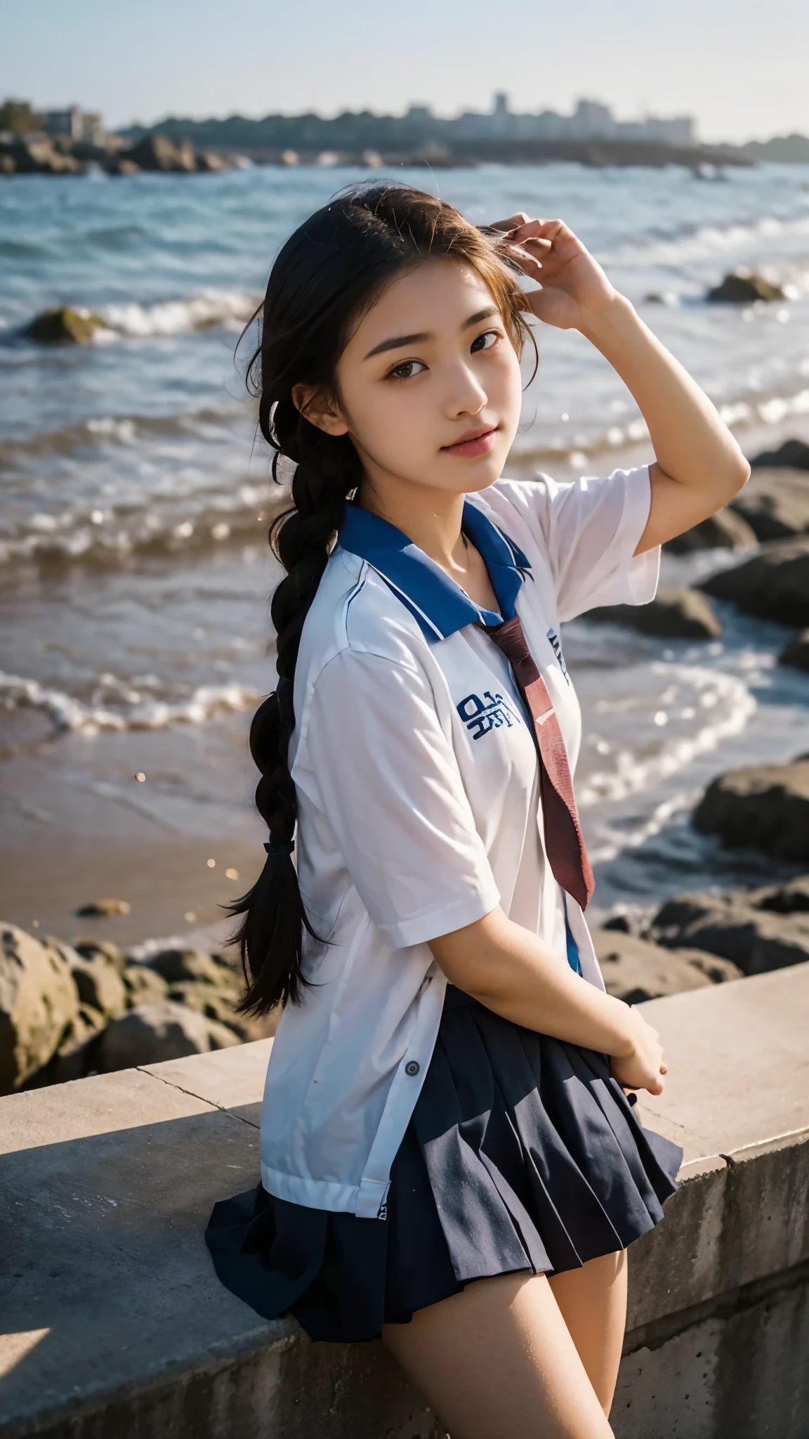 First-person perspective,A female high school student,seaside,Uniforms,cute,Twist braids