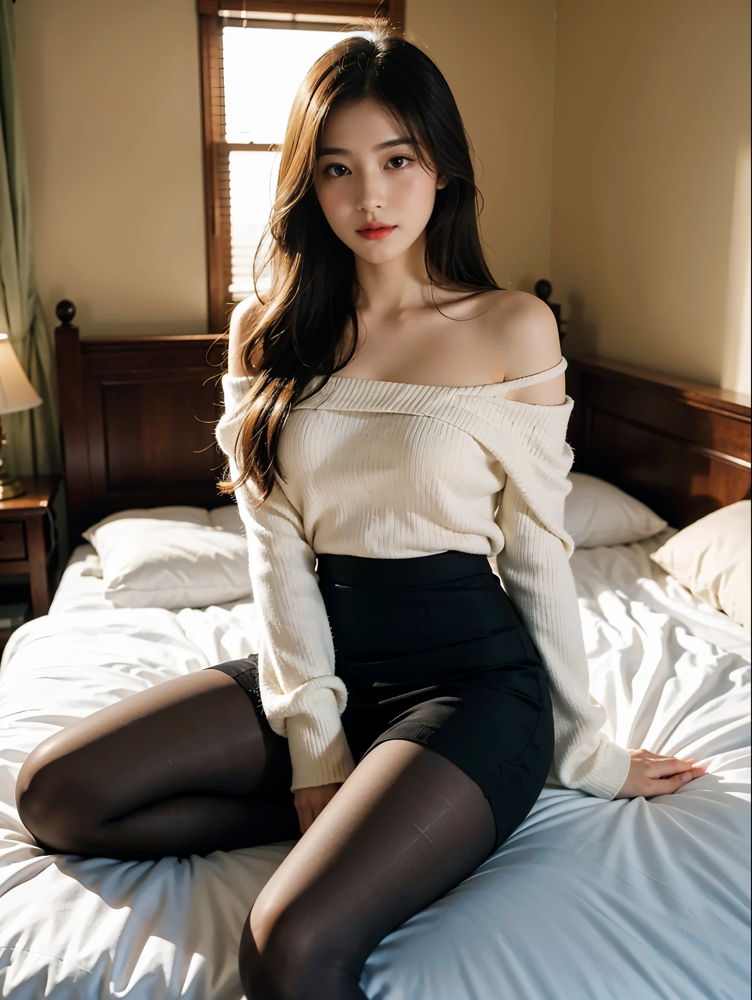 1 girl,young girl, 有Light泽的皮肤,medium breasts,Leg lines are very good:1.3, thin waist,off shoulder sweater, Raise your legs high,tie,((pencil skirt)),looking at the audience,from below,whole body, ( pantyhose:1.3),(Golden ratio chart),bed, The face is super delicate, beautiful eyes, Double eyelid masterpiece, best quality, Best perspective, Super detailed and intricate, extremely delicate and beautiful, best quality light, (Light线追踪:1.1), Anti-aliasing,
actual,photoactual,Award-winning illustrations,(intricate details:1.2),(Delicate and meticulous) (intricate details),(Light,best quality Backlights),clear lines,sharp focus,official art,unified 8k wallpaper,ridiculous,incredibly ridiculous,File size is huge,Super detailed,high resolution,extremely detailed extremely delicate and beautiful,original photo, professional lighting,dynamic lighting,脸上有Light,depth of field,solo focus,