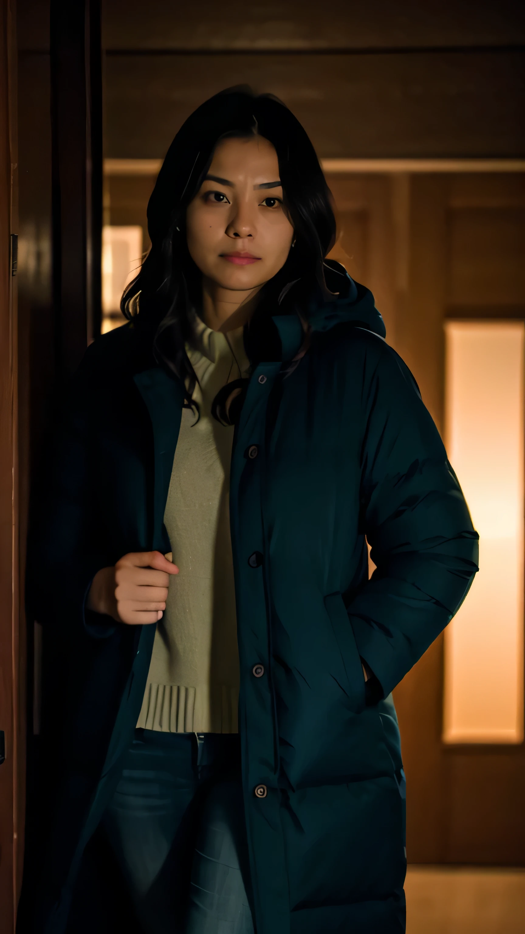 Wife entering the house at night, wearing a coat, with dim lighting to set the late-night mood.