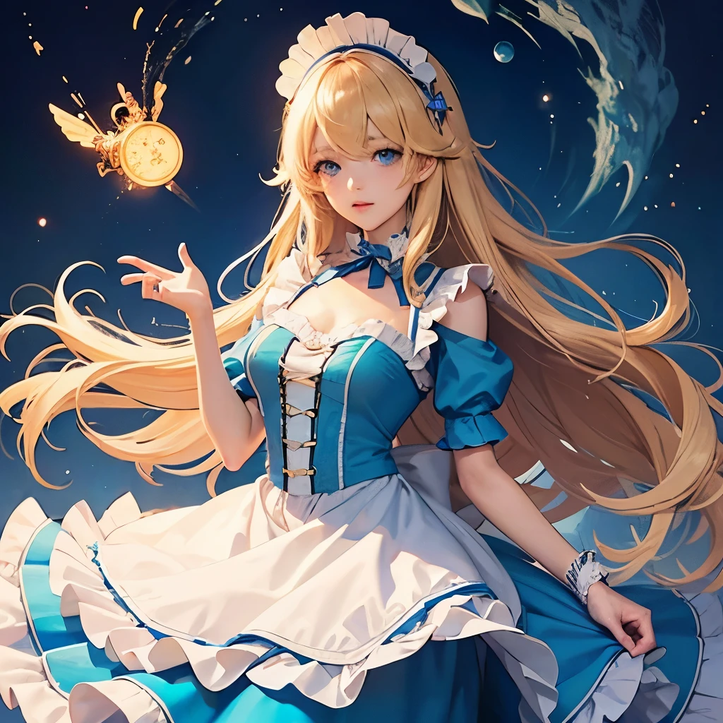 Anime girl in blue and white dress, cute anime waifu in a nice dress, in dress, Splash art anime , pretty anime girl, Blonde anime girl with long hair, anime girl named lucy, anime girl in a maid costume, Maid outfit, Marin Kitagawa fanart, portrait of magical girl, alice in wonderland and white rabbit