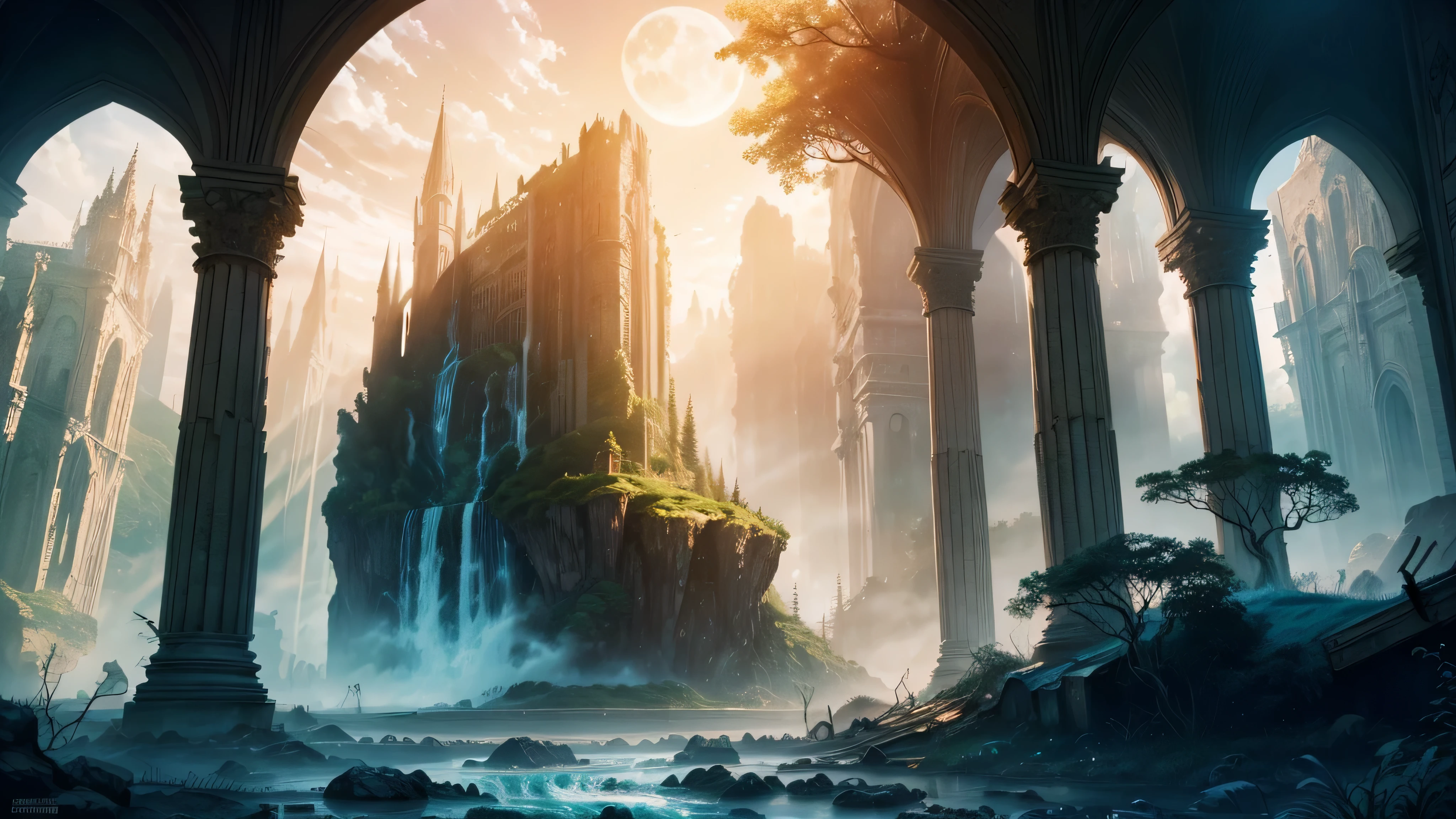Bela paisagem exuberante, large buildings in ruins, huge ruined bridges, great castles in ruins, templos e colunas antigos e grandes, sky with dense clouds, sol, Lua, floresta com grande, colorful trees, cachoeiras, lindo rio com pedras, campo de profundidade, global illumination, hiper-realista, Efeito vidro quebrado, sem fundo, splendid, algo que nem existe, Being mythical, energia, molecular, Texturas, iridescente e luminescente, breathtaking beauty, pure perfection, Divine Presence, unforgettable, Impressionante, breathtaking beauty, volumetric light, auras, raios, cores vivas refletemlight, auras, raios, cores vivas refletem, aquarela, oil color, trends on artstation, sharp focus, studio photo, detalhes intrincados, altamente detalhado,