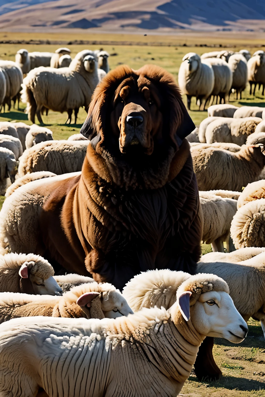 a Tibetan mastiff protecting a flock of sheep
