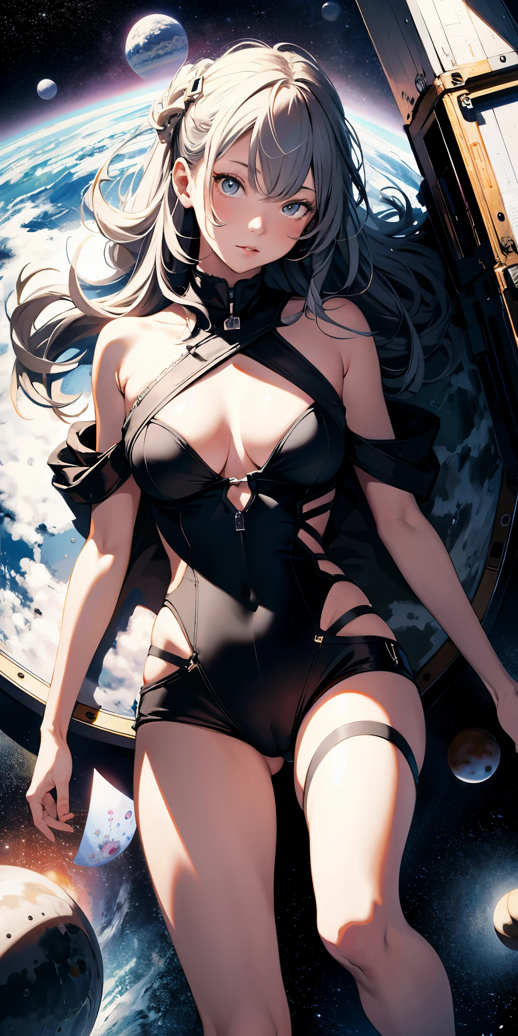absurd res, high res, (masterpiece:1.4), ultra-detailed, 1girl, from above, space, floating