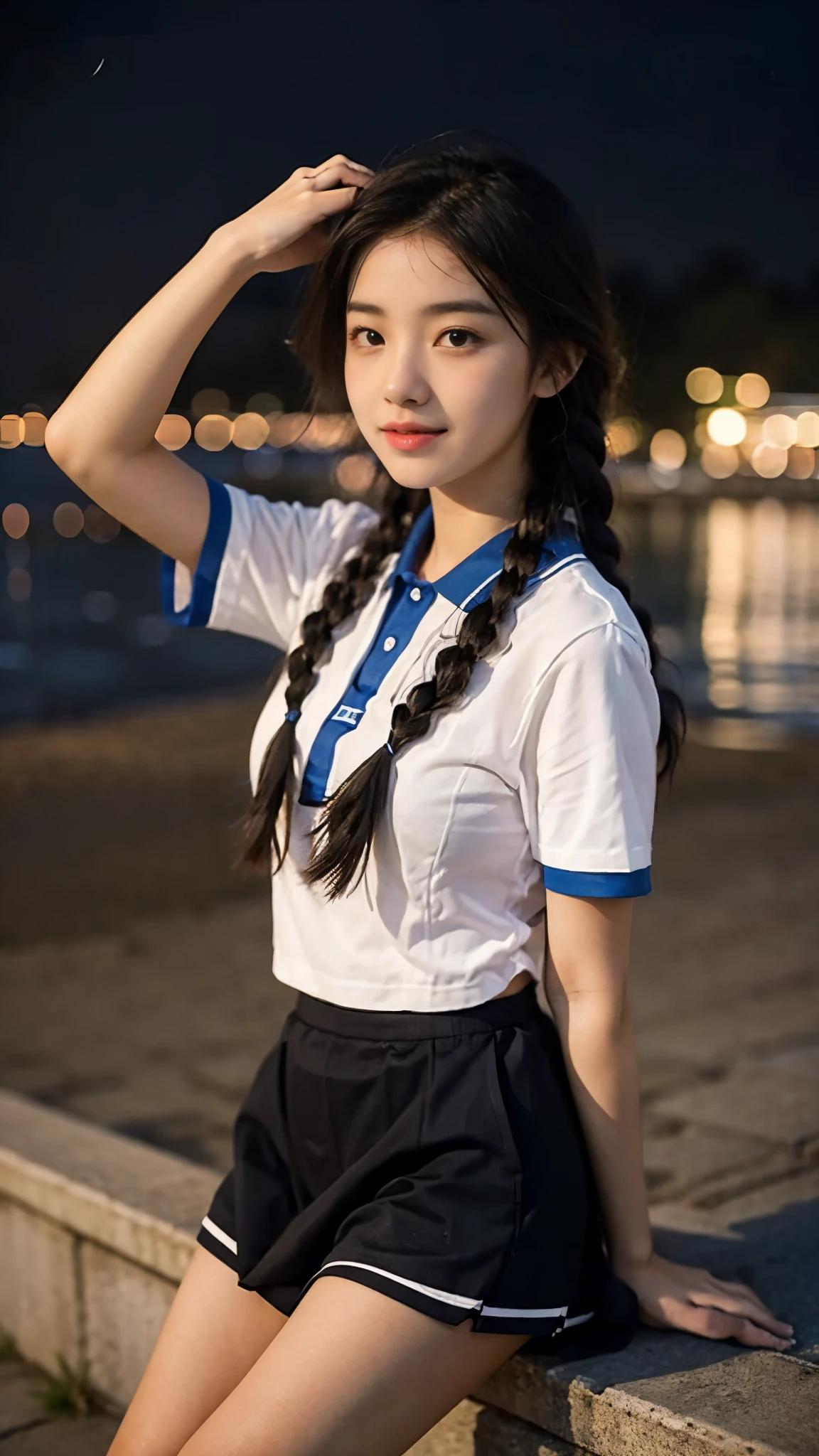 First-person perspective,A female high school student,seaside,night,Uniforms,cute,Twist braids