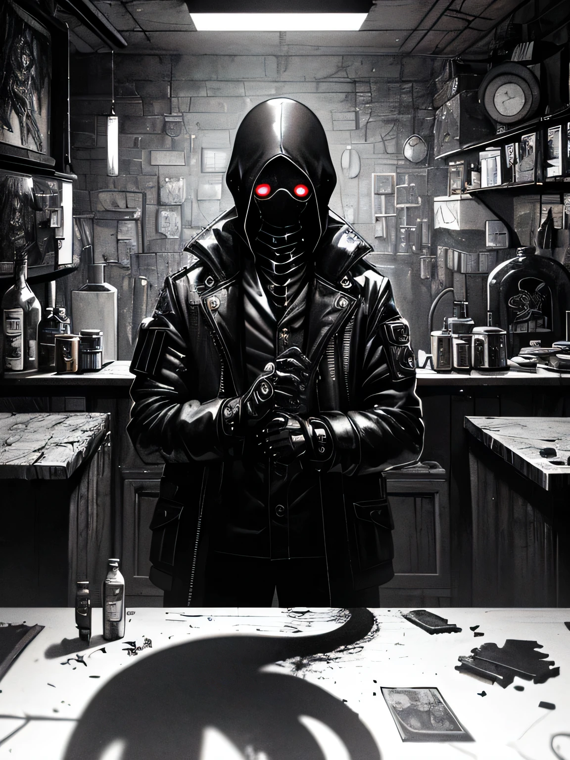 ((dark tentacle biopunk art)), ((horror tentacles)), man with covered face, Face in bandages, (Black sunglasses), shoulder pads, leather gloves, closed jacket, (two shields in hands), (cold light), black oil liquids, dark empty tavern refuge, Gloomy Kitchen, A few chairs, drawers and cabinets, boarded up windows, dark fantasy environment, very detailed art, very detailed background