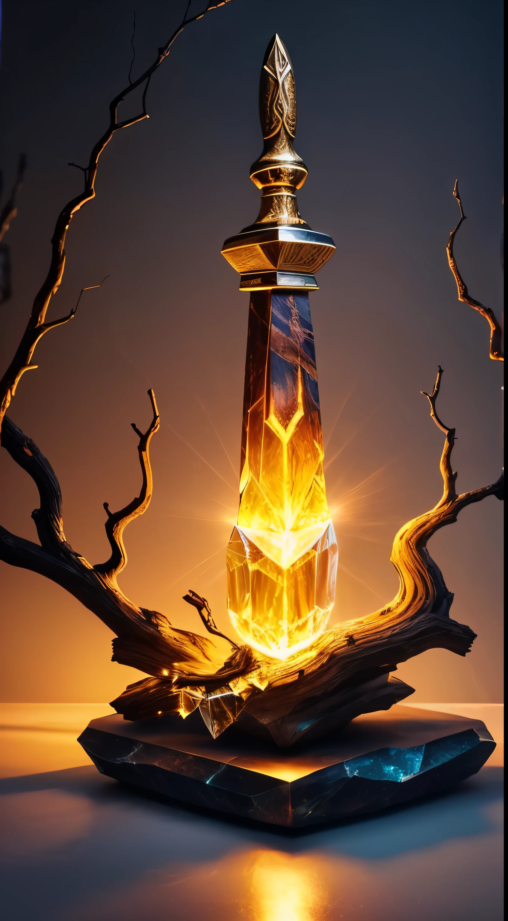 Create a ((Hammer)) made from the ancient branches of sacred trees with intricate carvings, exudes a soft luminescence, (((the head of the hammer is crafted from crystal))) emanating a warm ember-like glow, the emberstone, marbled with veins of iridescent minerals, seems to capture the very essence of the light, sparks of enchanting energy flicker along its surface, creating an awe-inspiring spectacle,