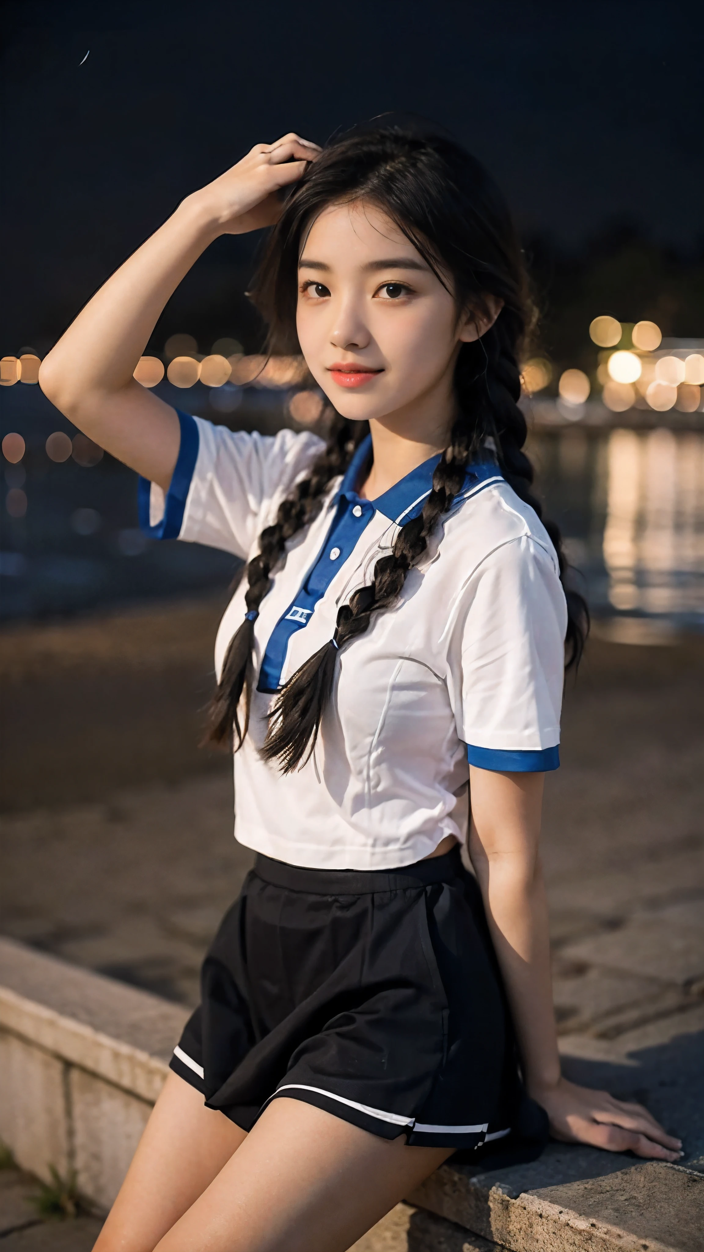 First-person perspective,A female high school student,seaside，night，uniform，Lovely，Twist braids