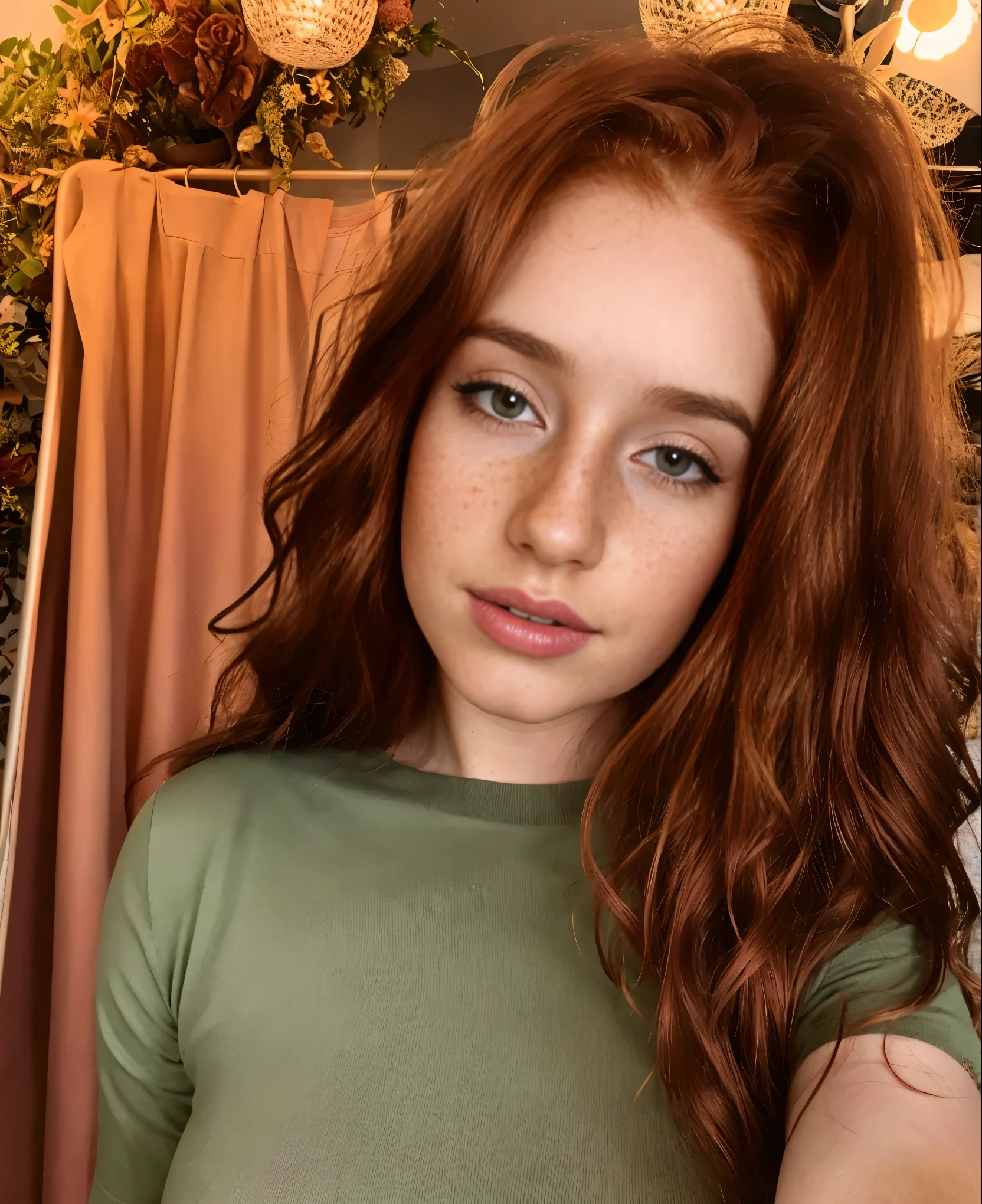 Hyper realistic Irish, long wavy red hair, 25 year old with freckles in selfie mode for curvy instagram snapchat influencer in lingerie
