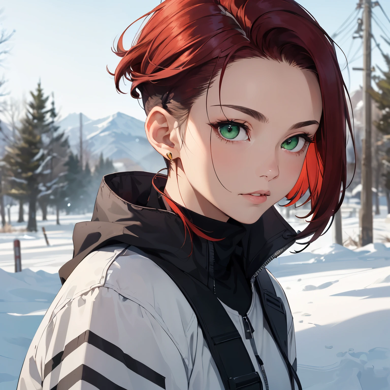 ((highest quality)), ((masterpiece)), (be familiar with), perfect face、((Asymmetrical Short Bob))、red hair、green eyes、((good looking))、snow scene、army、cool、cool、((adult woman))、long hair on one side、((one length))、((hairstyle with high top))、((Raked bangs、slicked-up bangs))、((undercut)).