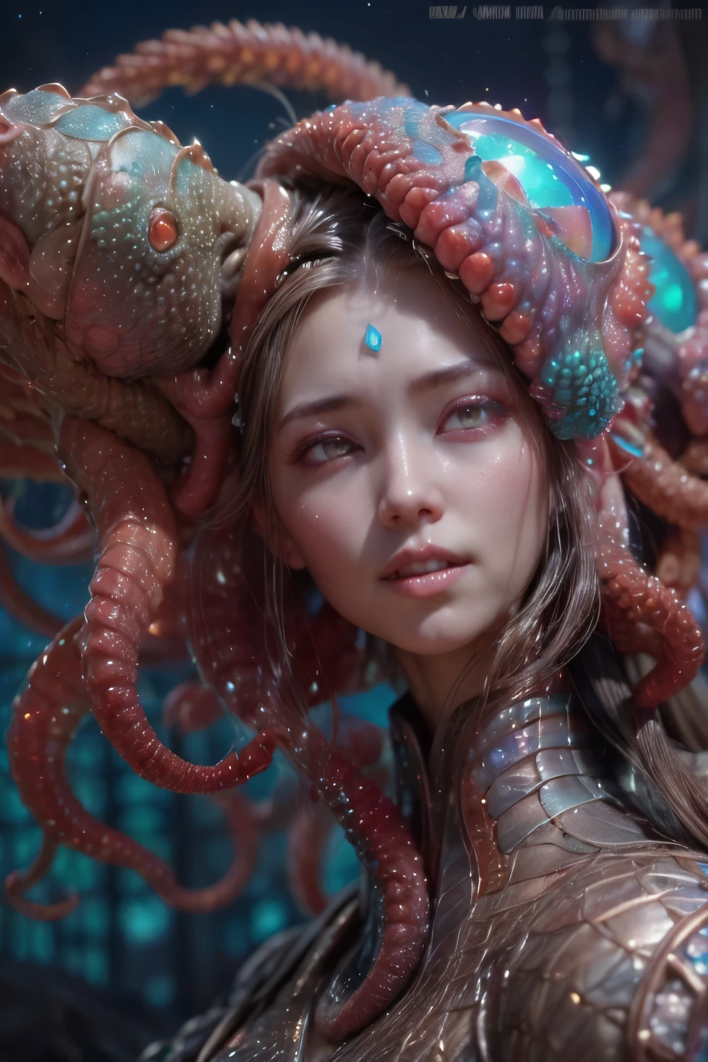 (1 beautiful and obscene female alien:1.4), (There is a female genital-like organ in the middle of her forehead:1.95), She has medusa-like hair, (there are lots of translucent tentacles from her head like her hair:1.5), (vulgarity1.7), (she is looking down at viewers with glowing red eyes with no pupils:1.6), (She has translucent pale skin:1.4),(She has the most beautiful face in the history of the universe:1.2), (She has multiple bioluminescent organs on the side of her tentacles:1.4), (Her body is covered with an iridescent exoskeleton:1.4), (She is showing her arm pits:1.6), an evil gaze that seduces, (looking down at viewers:1.4),(Vampire-like long canine teeth can be glimpsed through the gap between the cute lips:1.4) (bio luminescent:1.4), (Smile wickedly:1.3), (sexypose:1.4), alien, No humans, cells are fused, extraterrestrial, cell, bio image, ultra high resolution, (photos realistic:1.7), (Numerous award-winning masterpieces, with incredible detail, textures and maximum detail), Dramatic Lighting, cinematic quality, (exquisite details:1.2), High freshness, drawing faithfully, (Thick eyebrows:1.2), Beautiful eyes with fine symmetry,(Highly detailed face and eyes:1.2),(Super detailed skin quality feeling:1.4), perfect anatomy, (Beautiful toned body:1.5), (Moist skin:1.2), not wearing makeup, (dark circles:1.1), long canines, cinematic drawing of characters, cinematic quality, (exquisite details:1.2), high resolution, High freshness, drawing faithfully, official art, Unity 8K Wall paper, ultra detailed artistic photography, midnight aura, unreal engine 5, Ultra Sharp Focus, art by Amano Yoshitaka, ArtGerm, ultra realistic realism, dream-like, Creation of fantasy, dream Snail, (biopunk nautilus:1.3),Thrilling color schemes, seductively smiling, Amazing mutation, well-proportioned body, goddess of the deep sea, fractal, Geometric pattern, impossible figures, subtle emerald green accents, (expression of ecstasy:1.5)
