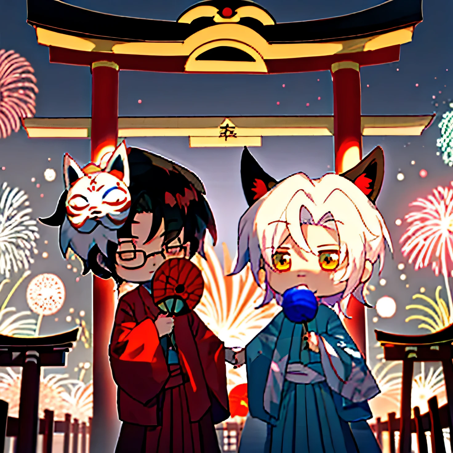 On nights with fireworks，On the right is a boy with black hair and a fox mask.，wear glasses，Handheld tuan fan，Wearing red and black lining kimono.，The one on the left has white hair and fox ears.，holding candy apple，boy in blue kimono，Holding hands and smiling, Standing side by side under the torii gate, Inspired by Urakami Gyokudo, Japanese anime style, inspired by Torii Kiyomoto, Inspired by Teigoro All Things, inspired by Kawabata Ryūshi, Mask and fox, Inspired by Shiko Munakata