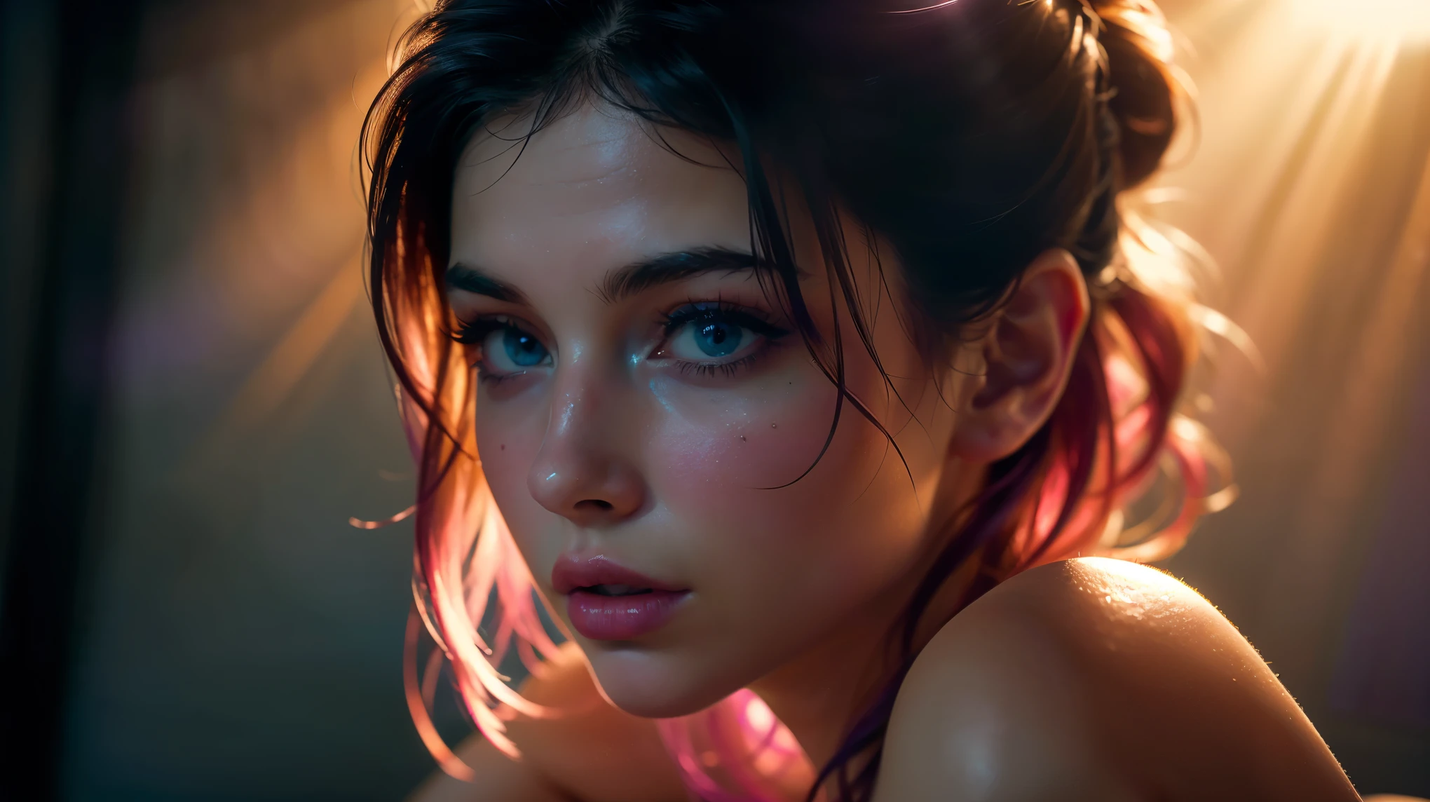 (((ultra realistic))) Photo, masterpiece, top quality, (pale skin), (Ultra detailed face and eyes:1.3), 1 girl, Adult, in a T-shirt, (Eye makeup, mascara) , ((large detailed lips)), ((Pink волнистые волосы)), ((Chyolka)) , (Natural breasts), Slim waist. ((Posing)), photoshoot, studio (soft lighting), (The play of light and shadows), depth of field, bokeh, (special attention to skin detail: 1.2), Detailed leather texture, skin pores. (Warm atmosphere of the frame. Color range - black, purple, Pink, blue tones), UDR, ((Film grain)), ((rays)), ((glare of the sun)), ((waist up portrait, close to the camera)) , ultra detialed, 