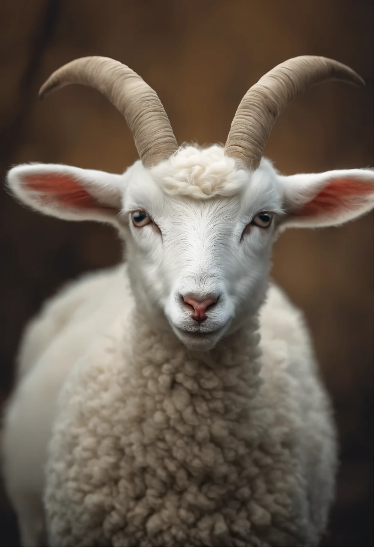 (Hyper-realistic) (White lamb, seven horns on the head, seven eyes of the same color in the center of the face, aggressive expression) (Terrifying)