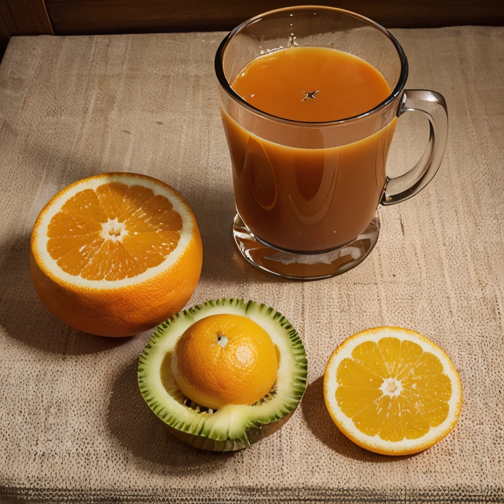 Generate a realistic, high-quality photo of a orange juice from above, with a visual style optimized for advertising. The image should highlight the freshness and variety of elements. include an attractive composition, with vibrant colors and lighting that highlights the details of the ambient. The image must be appetizing and inviting to be used for advertising healthy fruits. Include a variety of fresh fruits and other healthy ingredients., cinematic, photo