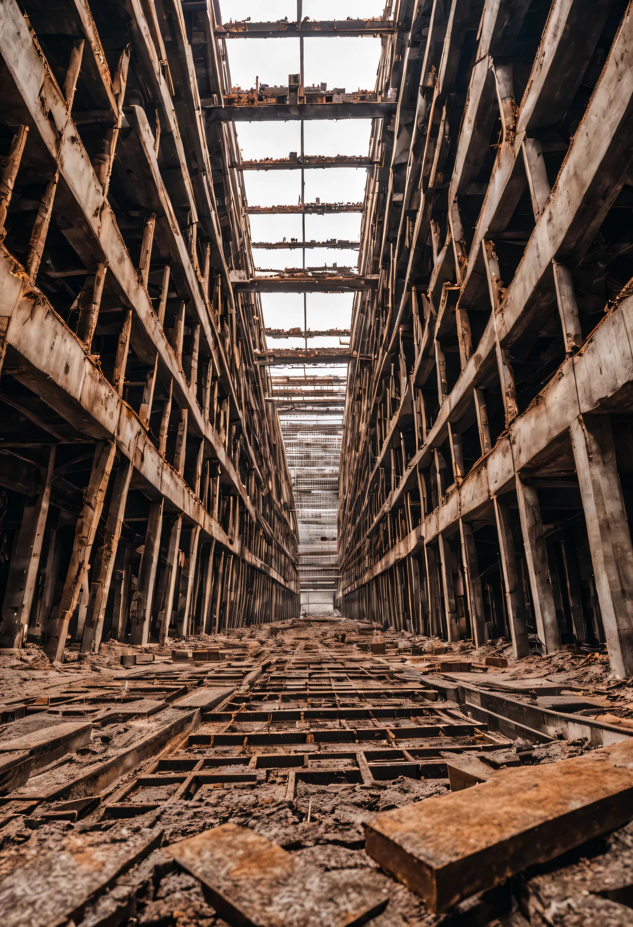 A huge concrete complex with pieces of rusty rebar in the walls. View from the inside. Massive chaotic rectilinear structures going upwards and over the horizon.
