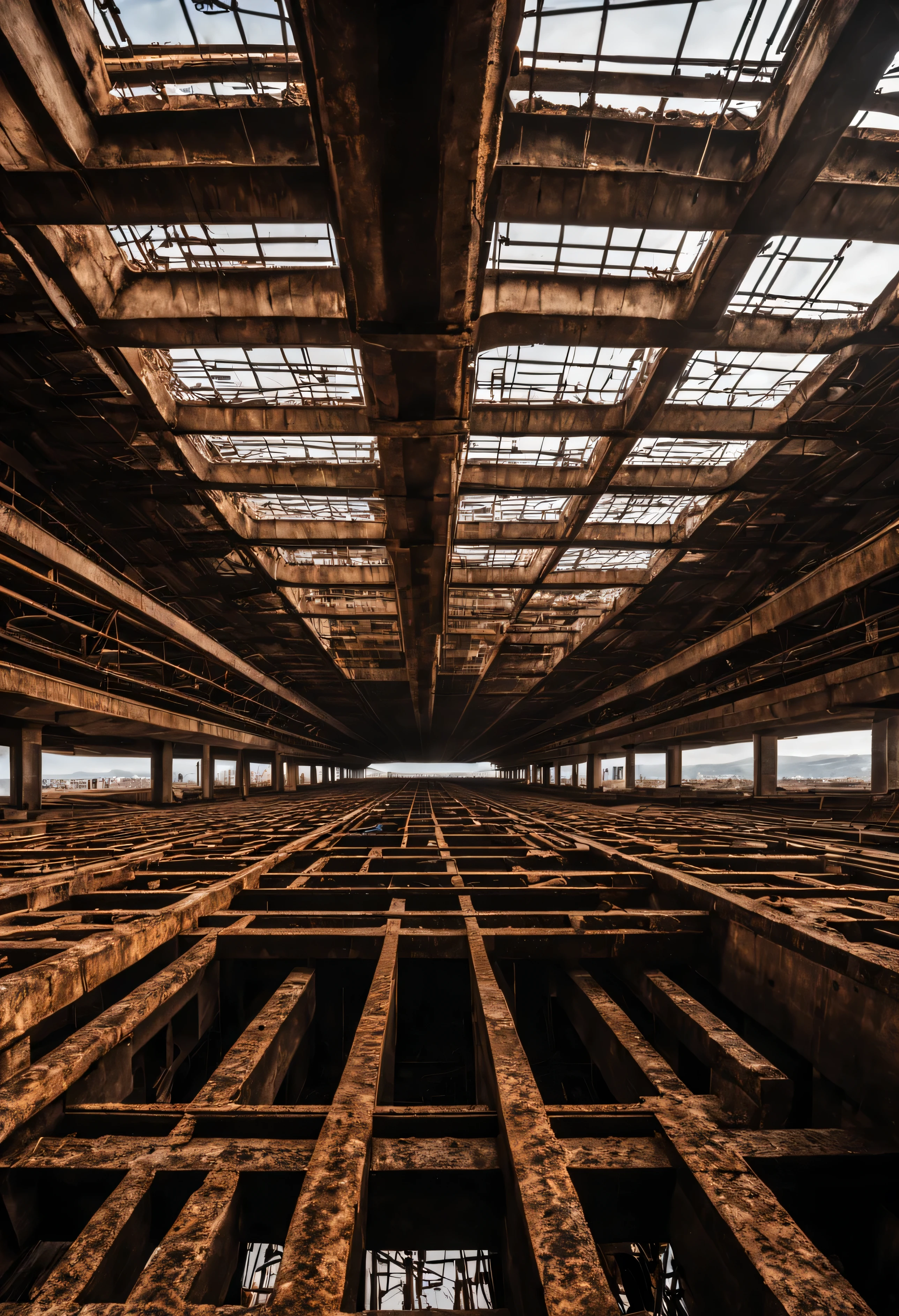 A huge concrete complex with pieces of rusty rebar in the walls. View from the inside. Massive chaotic rectilinear structures going upwards and over the horizon.