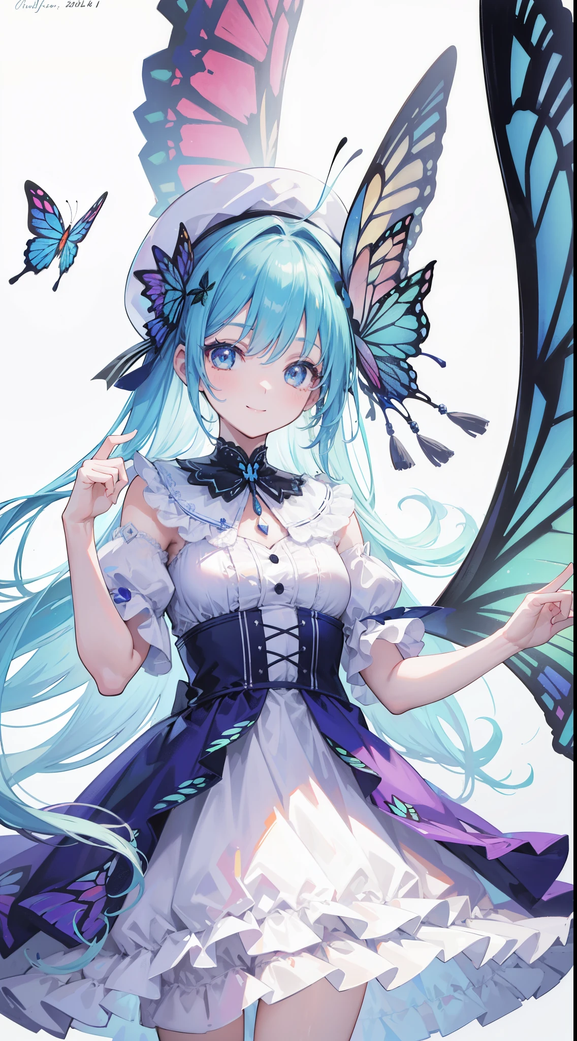 32k, best quality, ultra-detailed, high resolution, perfect anatomy, head on, cute girl, cute dress, cute hat, cute smile, colorful butterfly background, 