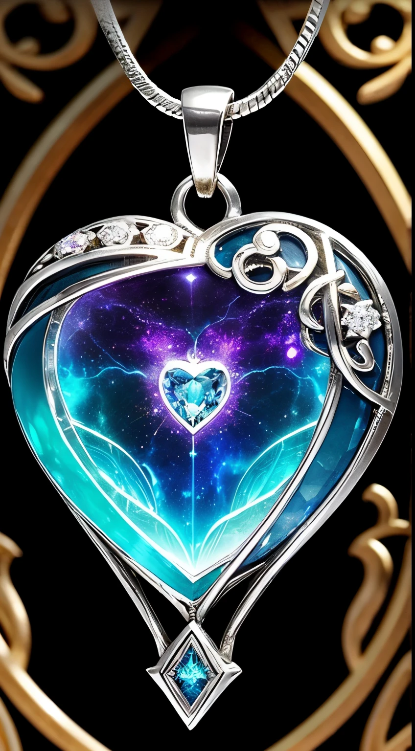Generate a a pendant of transcendent beauty dangling from a silver chain crafted with meticulous care, the (heart-shaped gem) exudes a soft, iridescent glow, the gem itself, seemingly carved from the essence of the cosmos, houses a swirling nebula of ethereal hues within its crystalline core. The runic engravings along the silver casing are delicately intertwined with vines, a nod to the demi-humans' affinity with nature. When activated, the Echoing Heartstone pulses with a rhythmic glow, its magical energies harmonizing with the wearer's heartbeat. The pendant is a blend of celestial elegance and earthly charm, symbolizing the profound connection between the demi-humans and the hidden mysteries they guard within the Veiled Sanctum.