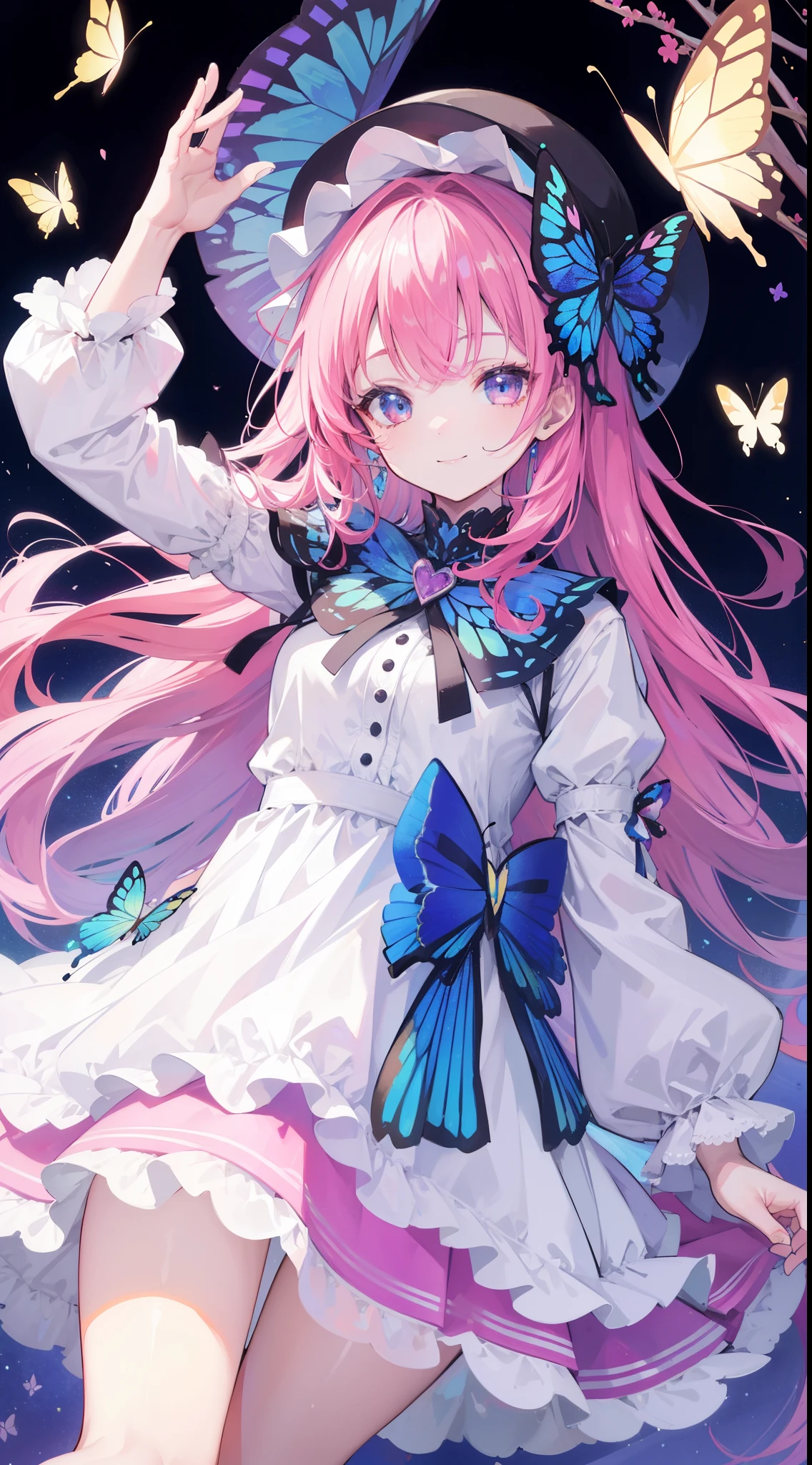 32k, best quality, ultra-detailed, high resolution, perfect anatomy, head on, cute girl, cute dress, cute hat, cute smile, colorful butterfly background,