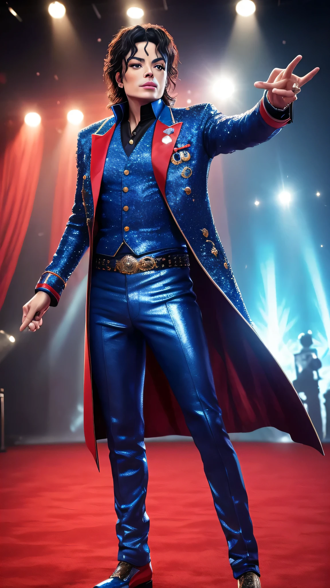 Michael Jackson , (photorealistic: 1.4) (ultra-detailed) (full body), crown, popstar, movie scene (red and blue), sparkles, splendor, wealth, nobility, king