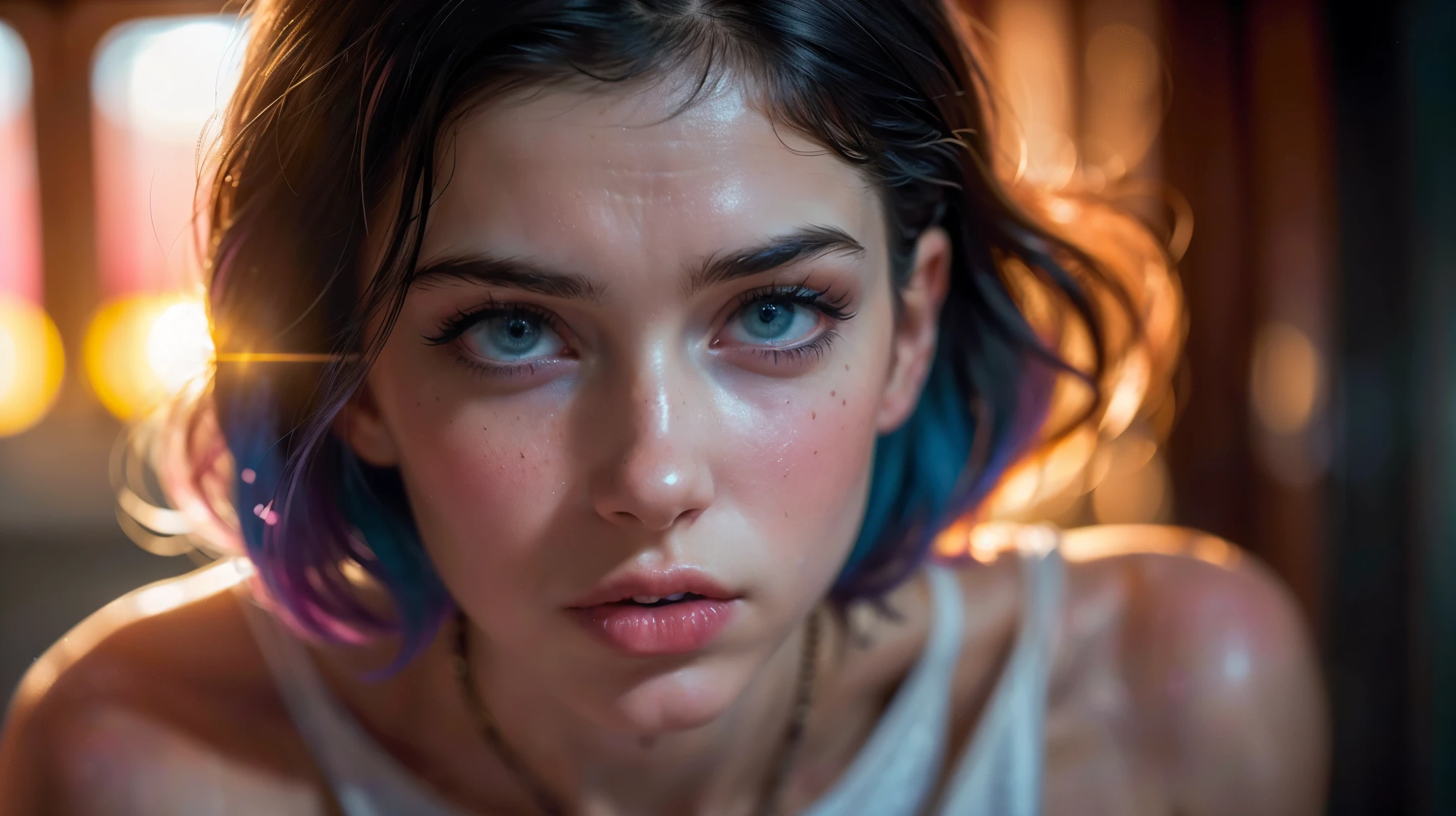 (((ultra realistic))) Photo, masterpiece, top quality, (pale skin), (Ultra detailed face and eyes:1.3), 1 girl, Adult, in a T-shirt, (Eye makeup, mascara) , ((large detailed lips)), ((Pink волнистые волосы)), ((Chyolka)) , (Natural breasts), Slim waist. ((Posing)), photoshoot, studio (soft lighting), (The play of light and shadows), depth of field, bokeh, (special attention to skin detail: 1.2), Detailed leather texture, skin pores. (Warm atmosphere of the frame. Color range - black, purple, Pink, blue tones), UDR, ((Film grain)), ((rays)), ((glare of the sun)), ((waist up portrait, close to the camera)) , ultra detialed,
