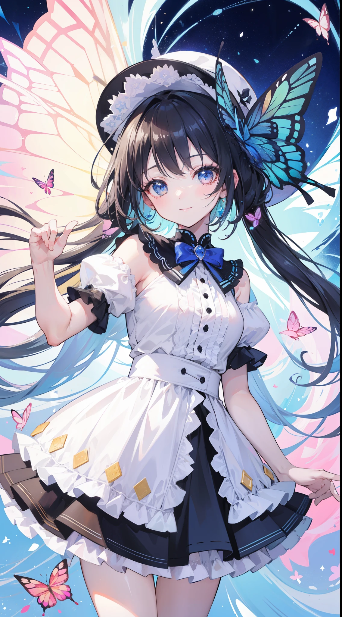 Fairy tale world and wonderland,Colorful、Hair glows,Super detailed, 8k, 1 girl,頭上的Butterfly, antenna, Vague, Vague background, yellow hair, Butterfly, Butterfly hair accessories, Butterfly on hand, Butterfly wing, Cleavage, Fairy, Fairy wing, flower, flight, (glowing Butterfly:1.3), (glowing wing:1.3),hair accessories,insect wing, Lips, long hair, Medium breasts, 運動Vague, multicolored wing, nature, pink wing, Pointed ears, purple wing, alone, transparent wing, white Butterfly, white wing, wing, yellow Butterfly, yellow wing,dawn精灵,dawn,glow,Glowing wing,skirt,多隻Butterfly,發光Butterfly,Super large wing, 1 girl, eluosi
