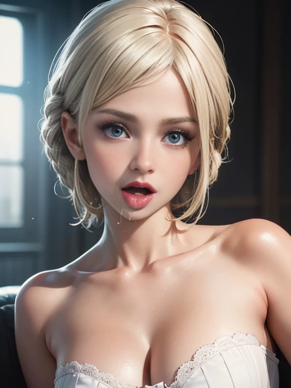 (best quality, 8k, highres, photorealistic:2.0), (solo, one girl:2.0),(lighting: front),(lighting: strong),(Russian Beauty:2.0),(shiny skin:1.5),(oily skin:1.5),(platinum blonde hair:1.5),Blush brown makeup , dark eye makeup , use pink glossy lipstick,(big eyes girl),(emphasize cleavage),(shoulder strapless bra),((big breasts)),(show your tongue1.6),(Drooling and sucking gesture:1.5),(very smiling girl),