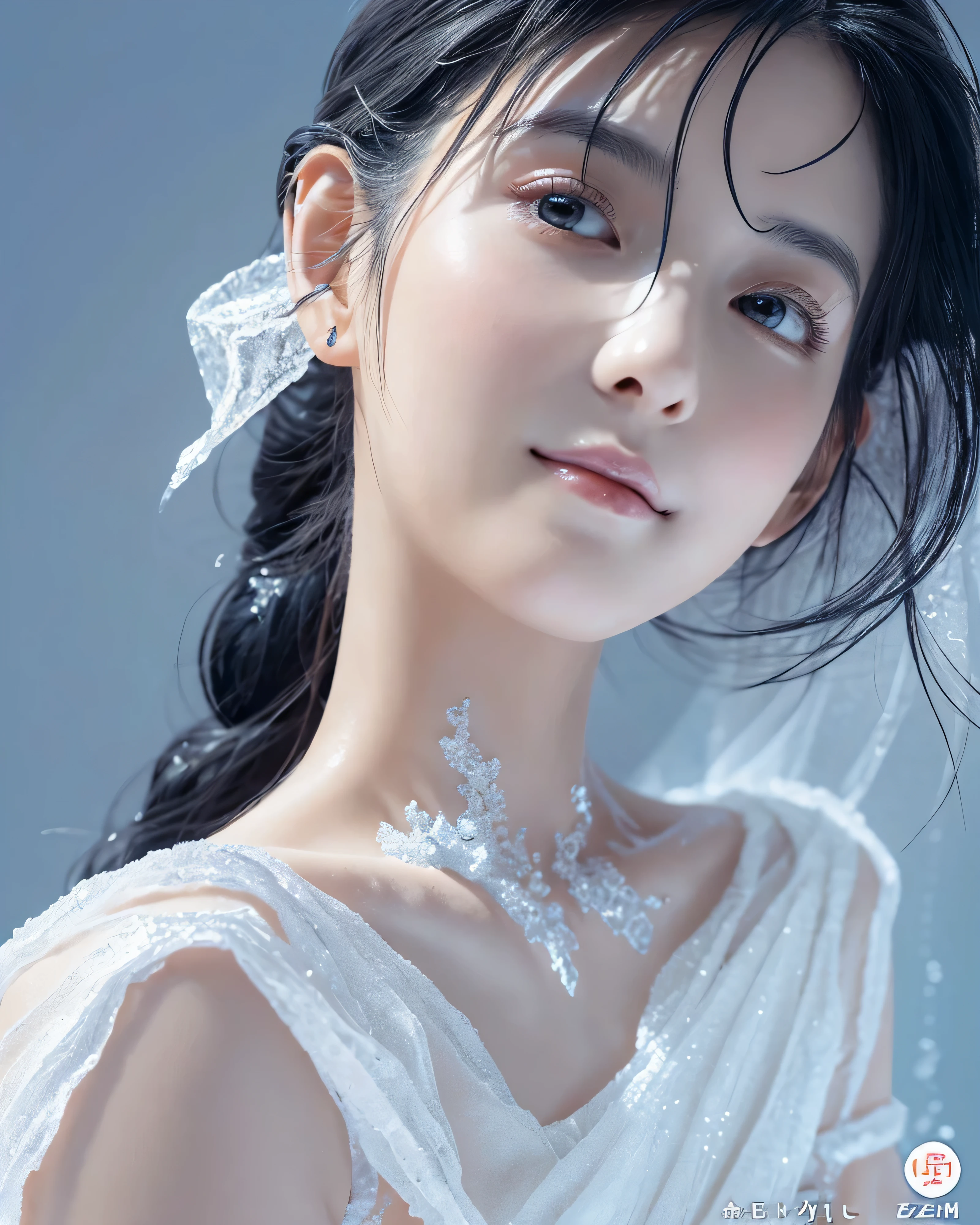 beautiful japanese woman (whole body:1.2) シンプルなwhiteのドレス Dress with open chest mini skirt Detailed and perfect clavicle Dense and beautiful chest soft and plump breasts beautiful feet complex colored black hair Super long hair with messy details big magic eyes detailed moisturized eyes gentle smile (Land of Ice:1.5) ice aura white, smooth skin natural makeup fog particles of light light wallpaper high contrast colorful professional lighting