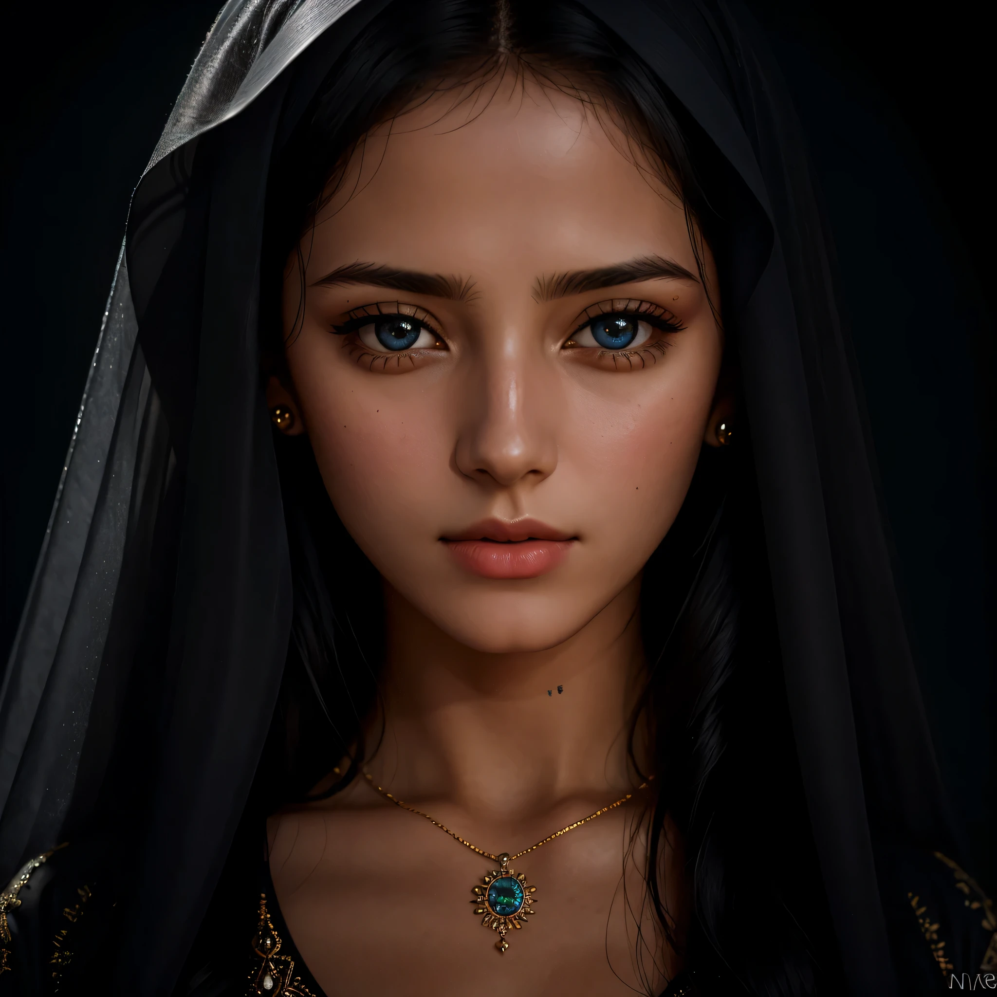 A symmetrical portrait of a woman named Mary,Palestinian, with piercing eyes, detailed face, high details, photography, dark studio, edge light, Nikon D850|, 50mm, F/1.4