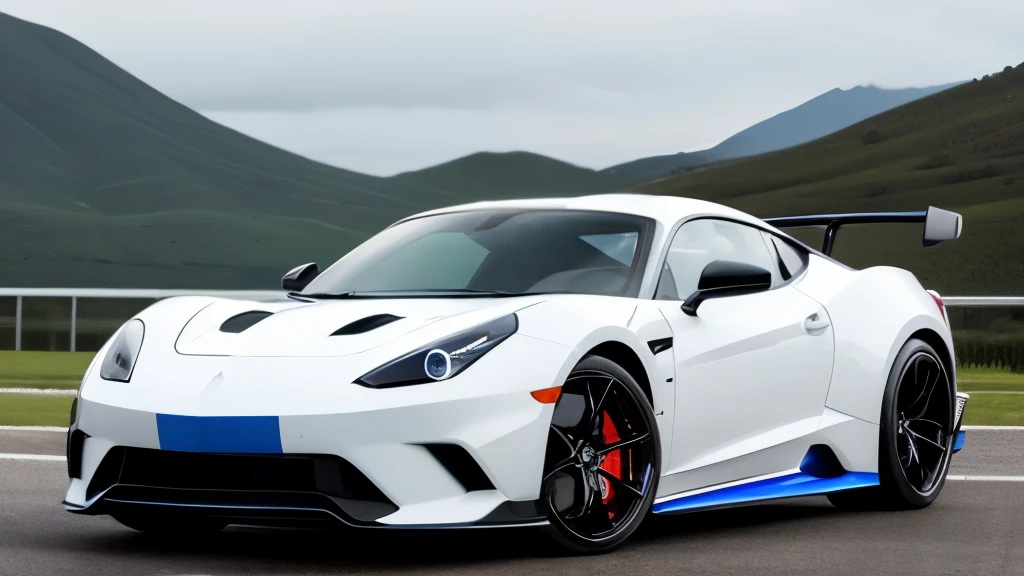 White powerful heavy duty sports car with blue details, black tinted windows and blue details.