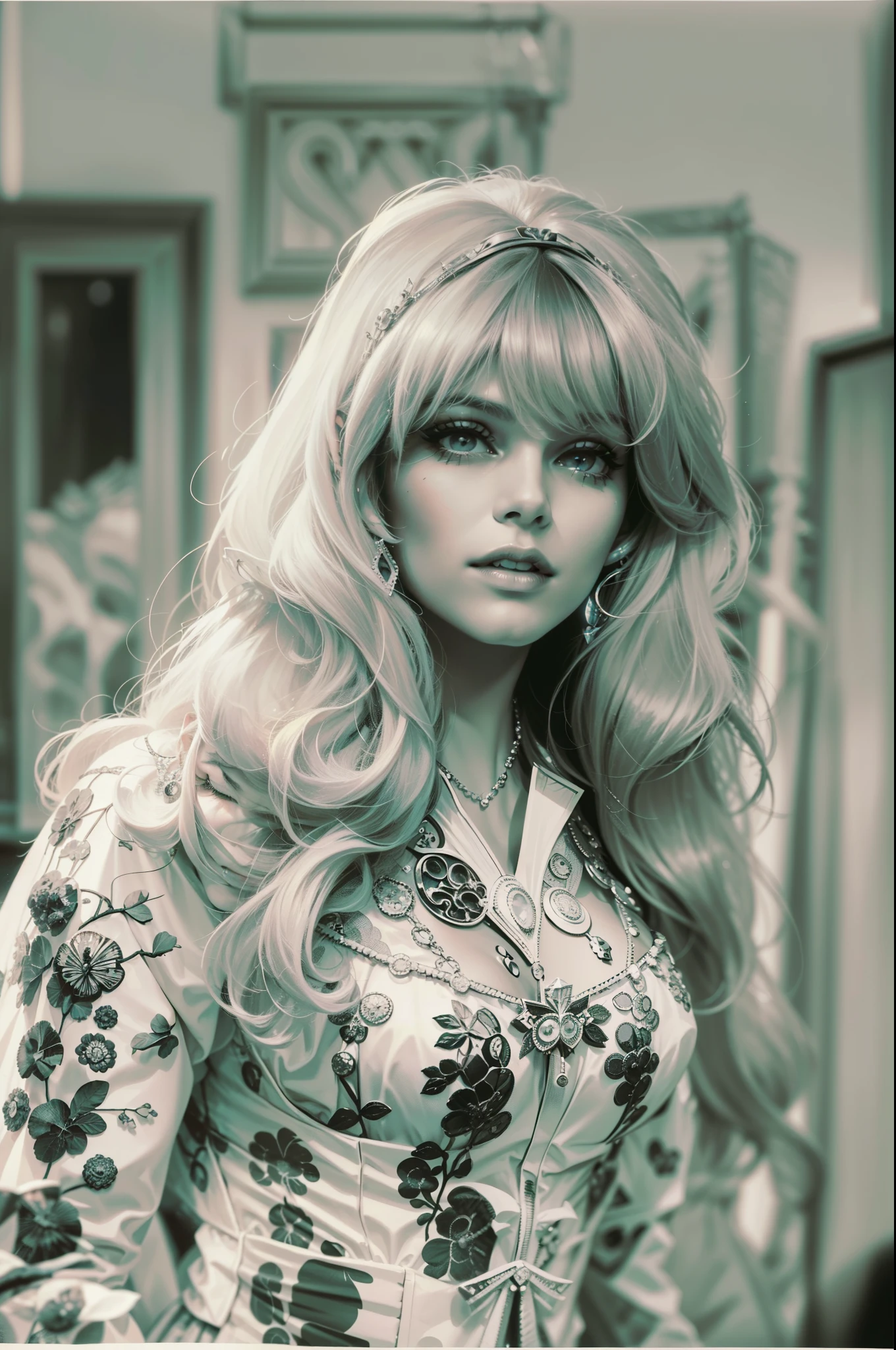 a black and white photo of a woman with long hair, brigitte bardot, by Stan Galli, late 1 9 6 0's, barbarella, by Allan Linder, by Dennis Ashbaugh, by Arnold Blanch, young dolly parton, by Albert Welti, by Hans Schwarz, by Pierre Roy, by Roger Cecil, by Muriel Brandt