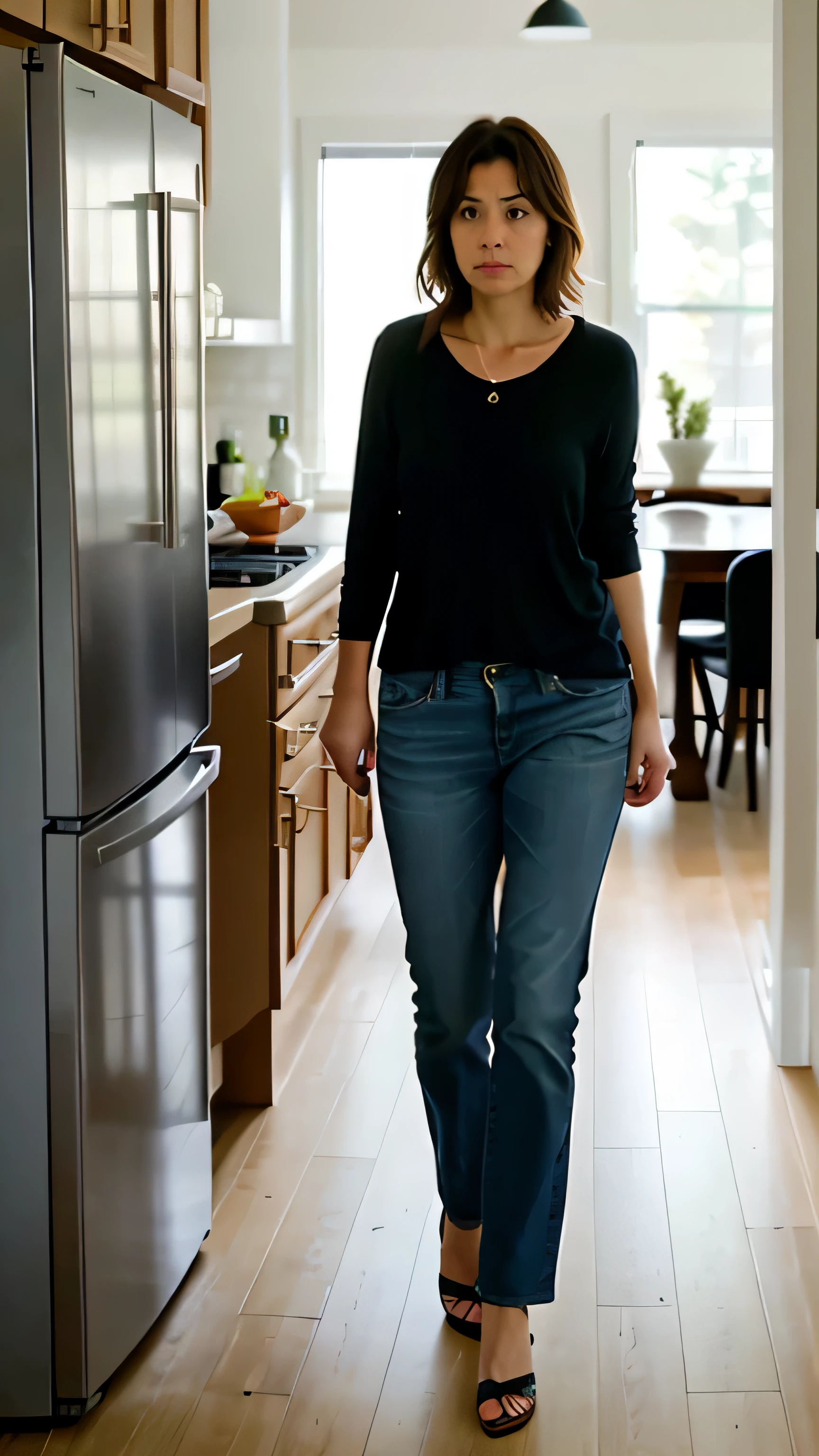 Wife walking to the kitchen for a drink, looking perplexed and determined.