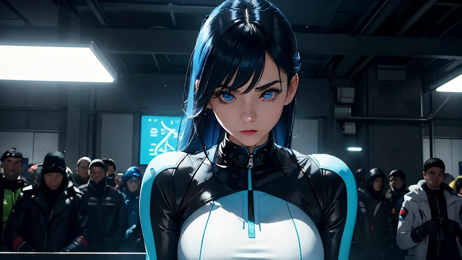 4K, A high resolution, Best quality at best, masterpiece, perfect colors, perfect shadow, perfect litthing, ((sportrait)), 1woman, fit-muscled body, bright yellow eyes，dark blue hair , blue eyes, With round lenses, detail in eyes, The audience watched carefully, (s face: 1.2), Perfect female figure, ((standing)),  ((neon blue Tight crop top leather suit)), ((shy and looking at viewert)), (Perfect thick white eyebrows) Delicate fur, 详细s face, s the perfect face, At a  fantasy industrial city , (model pose standing), energetic background, perfect seascape,  lighting atmosphere, ((Bonifasko lighting)), (The round lenses on his eyes)(詳細な目), Perfect student, face close up
