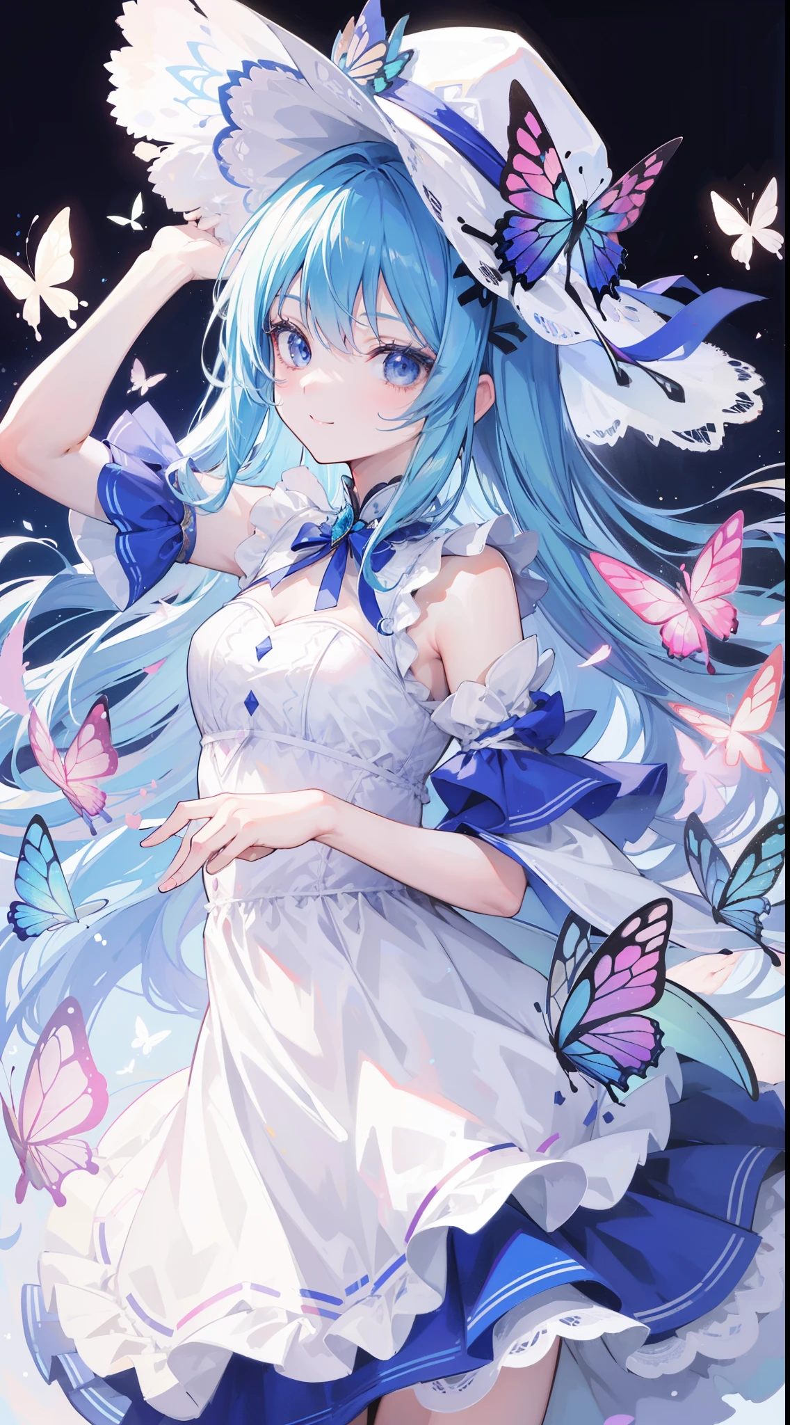 32k, best quality, ultra-detailed, high resolution, perfect anatomy, head on, cute girl, cute dress, cute hat, cute smile, colorful butterfly background, 