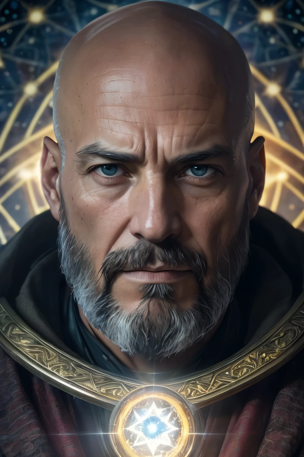 Photo of Doctor Strange, 50-year-old man with bald head and distinctive beard, ((Raw and Serene)), ((Portrait)), ((Detailed face:1.2)), ((detailed facial features)), ((finely detailed skin)), (wearing cloak and pendant), lying in the middle of the forest, ((Starry night environment)), ((Cool color tone)), ((Reflective and contemplative)), ((Reflectors: soft box and fill light)), ((Photorealistic and cinematic lighting)), ((Best Quality: 8K and 20MP)), ((Canon EOS R5, 24mm F/1.4 Prime Lens)), ((focus sharp and clear