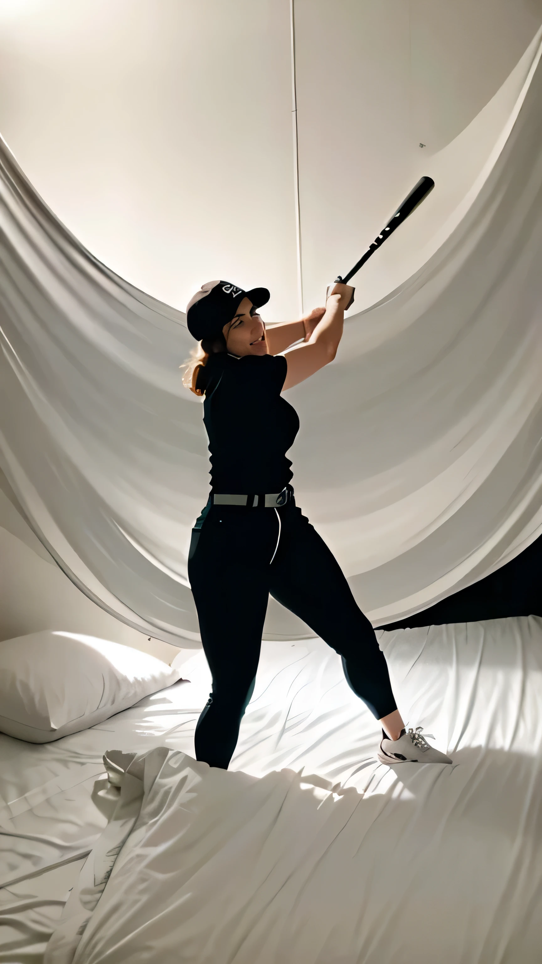 Action shot of the wife swinging the bat with all her might at the figures under the blankets.