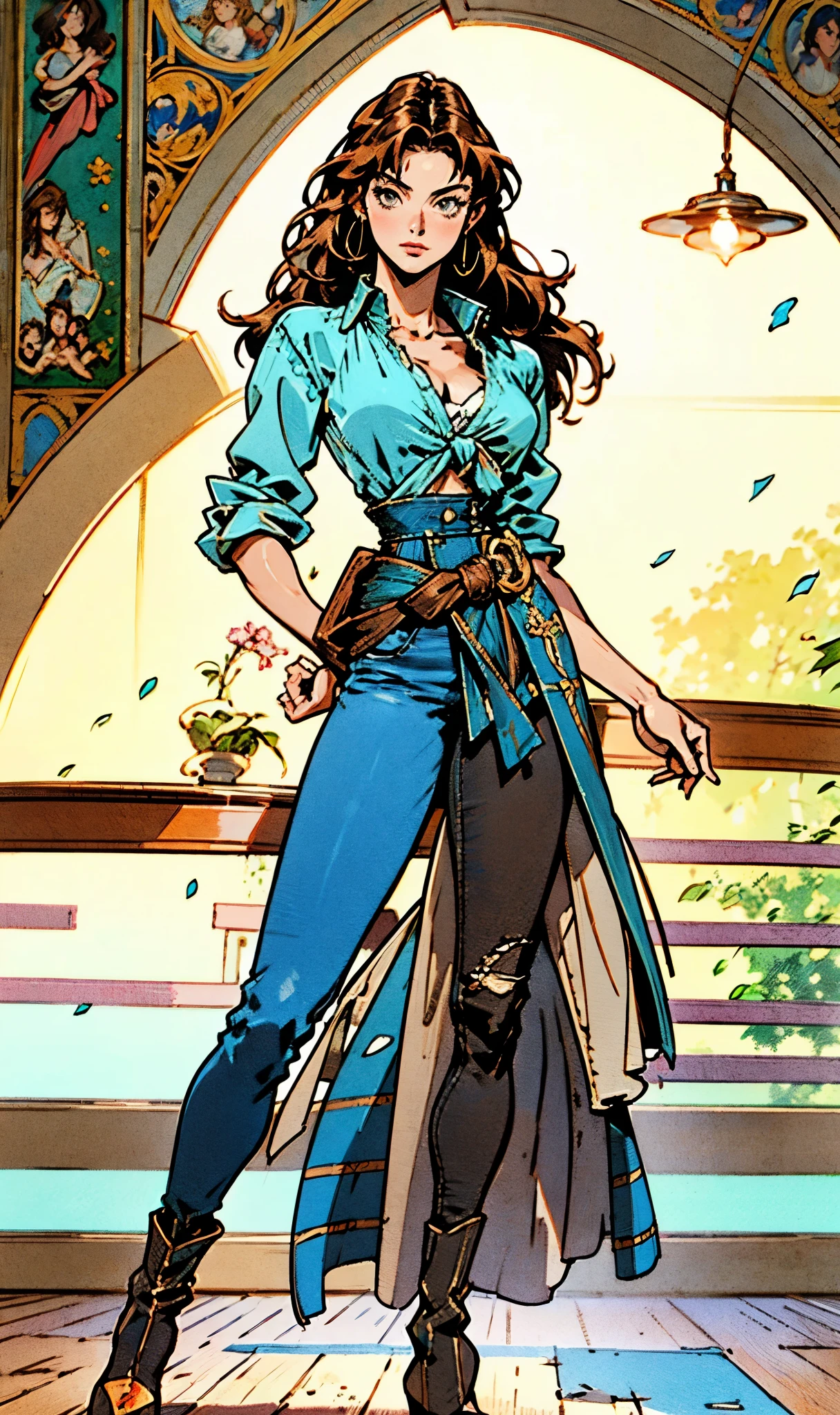 A woman with light brown long hair, a delicate face, a blank look in her eyes, a slender and firm dancer's figure, a fantasy-realistic style outfit, she ties a French shirt at her chest, revealing her graceful waistline, she wears tight jeans on her lower body, a flowing skirt is gracefully tied around her waist, she walks leisurely in a fantasy-style town, this character embodies a finely crafted fantasy-realistic style female dancer in anime style, exquisite and mature manga art style, beautiful woman, high definition, best quality, highres, ultra-detailed, ultra-fine painting, extremely delicate, professional, anatomically correct, symmetrical face, extremely detailed eyes and face, high quality eyes, creativity, RAW photo, UHD, 8k, Natural light, cinematic lighting, masterpiece-anatomy-perfect, masterpiece:1.5