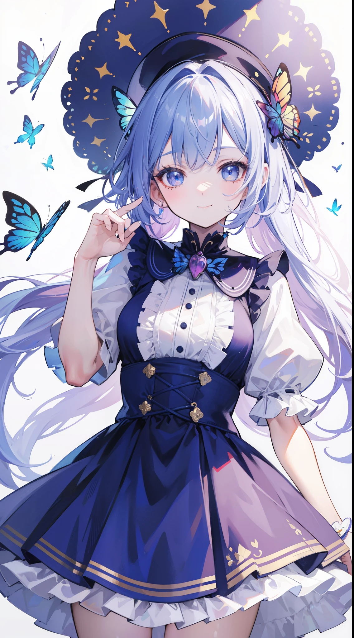 32k, best quality, ultra-detailed, high resolution, perfect anatomy, head on, cute girl, cute dress, cute hat, cute smile, colorful butterfly background, 