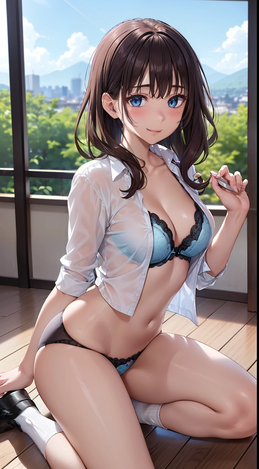 ((Tischplatte, best quality, high resolution, nffsw, perfektes Pixel, 4K, nffsw, nffsw))), 1 girl in there, einzel, Allein, beauty、Whole body seen、 ((Kurzwelliges Haar, Pony, braune Haare)), ((braunäugig, beautiful eyelashes, realistische Augen)), ((detailliertes Gesicht, Blush:1.2)), ((Glatte Textur:0.75, Realistische Textur:0.65, fotorealistisch:1.1, Anime-CG-Stil)), medium breasts, Dynamischer Winkel, perfect body, ((, White shirt, schwarzer Rock, unbuttoned shirt、checked skirts、Ich trage keine Schuhe、White socks)), Klassenzimmer ohne Menschen、Setzen Sie sich auf einen Schreibtisch、Untere'I took my foot off the desk.............................、Early evening、、、Very embarrassing panic smile、(Heben Sie den Rock mit der rechten Hand an、Open both legs、Open your knees wide、Light blue lace panties with a floral pattern)、、(Sweet floral bra)、Winkel von unten