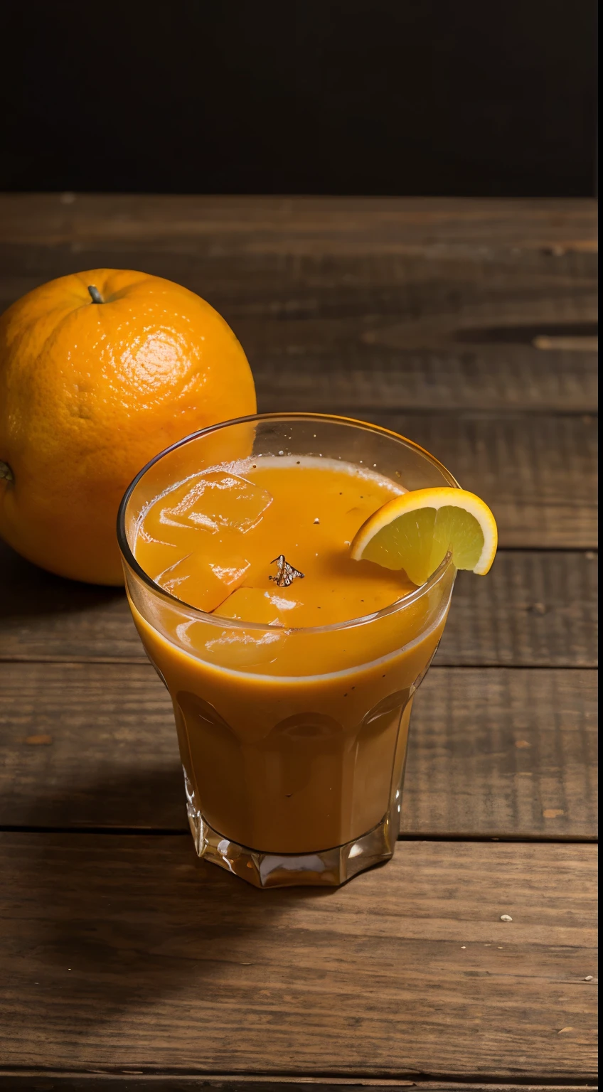 Generate a realistic, high-quality photo of a orange juice from above, with a visual style optimized for advertising. The image should highlight the freshness and variety of elements. include an attractive composition, with vibrant colors and lighting that highlights the details of the ambient. The image must be appetizing and inviting to be used for advertising healthy fruits. Include a variety of fresh fruits and other healthy ingredients., cinematic, photo