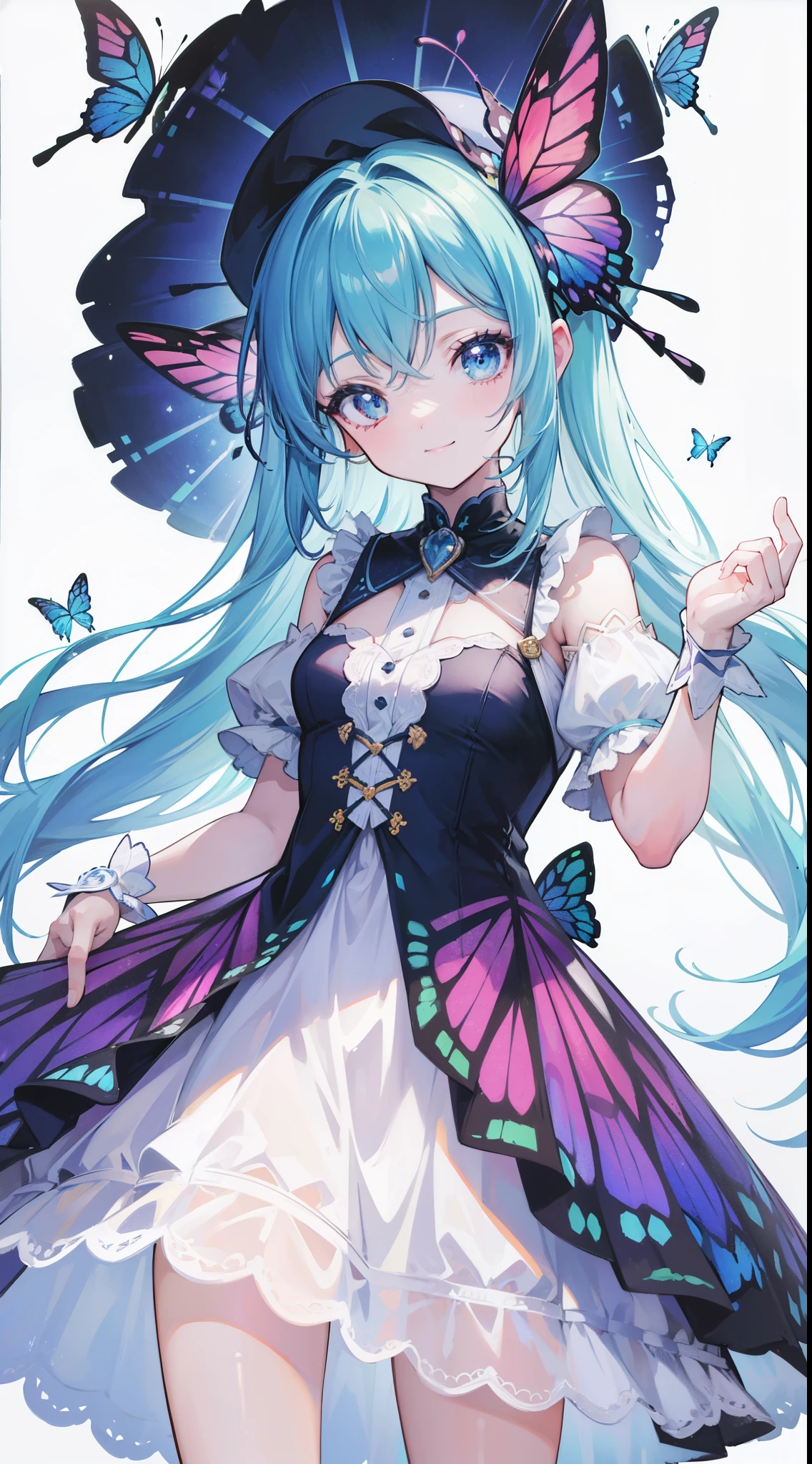 32k, best quality, ultra-detailed, high resolution, perfect anatomy, head on, cute girl, cute dress, cute hat, cute smile, colorful butterfly background,