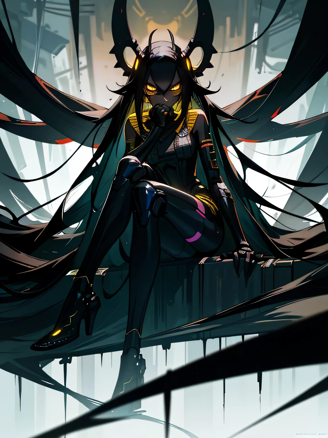 ((dark cyberpunk art)), full length portrait, Little insect girl, elegant insect girl, yellow eyes, Insect antennae, very long hair, Black hair, Black skin, dark Black skin, black alien skin, Rooftop Scene, cold light, very detailed art, very detailed background, insanely detailed backstory