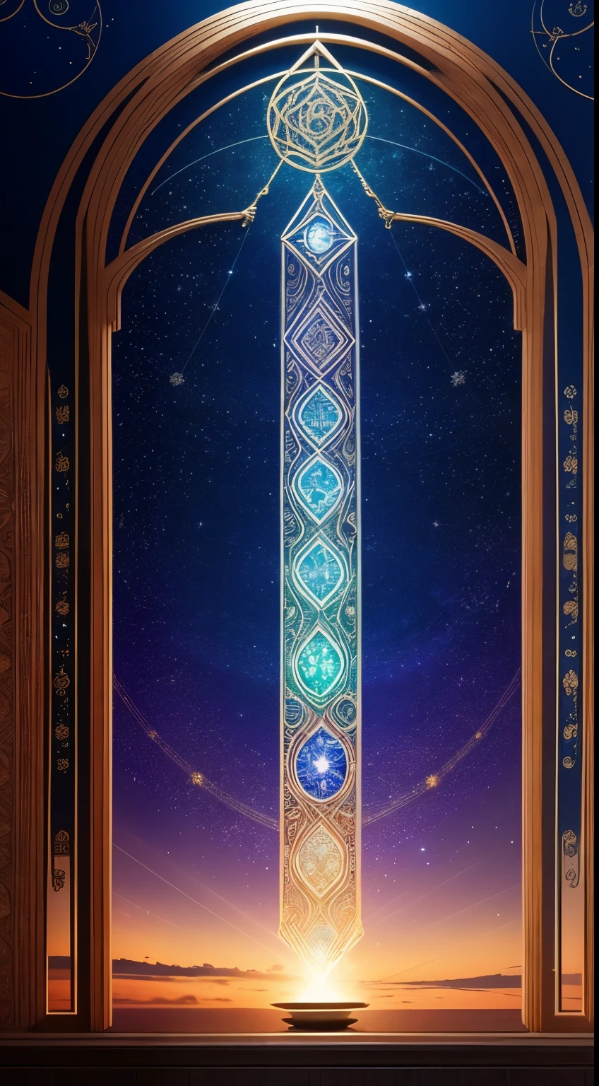 The Ethereal Loom, a marvel of both craftsmanship and enchantment, is a tangible embodiment of the cosmic interweaving of destinies. Woven from the finest threads of celestial silk, the tapestry is stretched upon an intricately carved wooden frame, made from the sacred trees of demi-human realms. The patterns upon the tapestry depict constellations in a captivating display of sparkling gemstones embedded within the fabric. The Celestial Spindle, a delicate yet solid creation, is crafted from polished silver, adorned with simple runic engravings. Suspended above the loom, it radiates a soft glow, mirroring the ebb and flow of the cosmic energies it harnesses. The wooden frame, with its carvings of demi-humans communing with cosmic forces, tells a visual story of the symbiotic relationship between the earthly and the celestial. When touched, the loom emanates a subtle hum, resonating with the cosmic symphony that guides the Sentinels in their cosmic duties. The Ethereal Loom, while retaining an otherworldly charm, is a practical and visually stunning artifact, ready to be brought to life through the creative capabilities of AI-generated images.